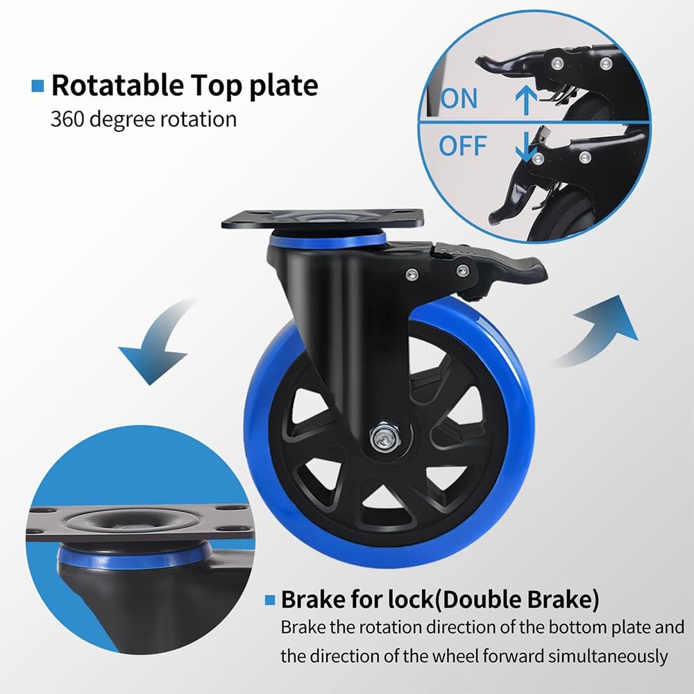 6 Caster Wheels 2800Lbs set of 4 w/ Brake Dual Lock Top Plate