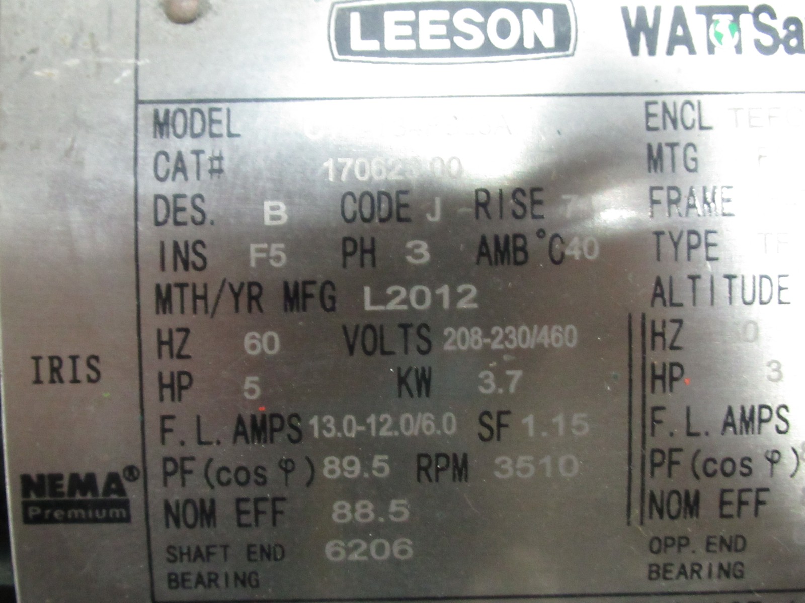 Leeson 5HP 3510RPM 208-230/460V 184TC TEFC 3Ph 13.0-12.0/6.0A 60Hz USED