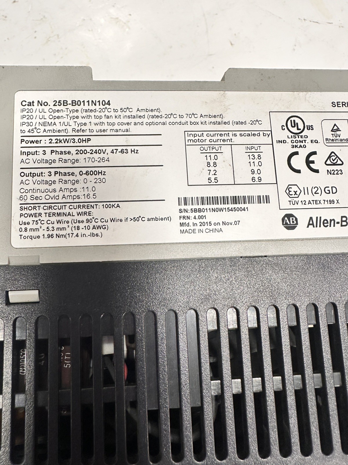 Allen Bradley PowerFlex 525 25B-B011N104 2.2kW 3Hp AC Drive 3 Phase Series A