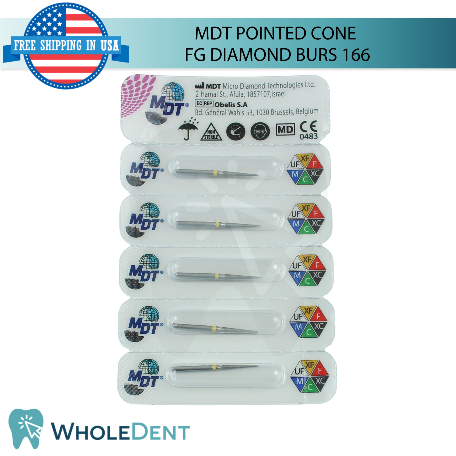 Dental MDT Pointed Cone 166 FG Diamond Burs Elongated L24.0mm Precise Finishing