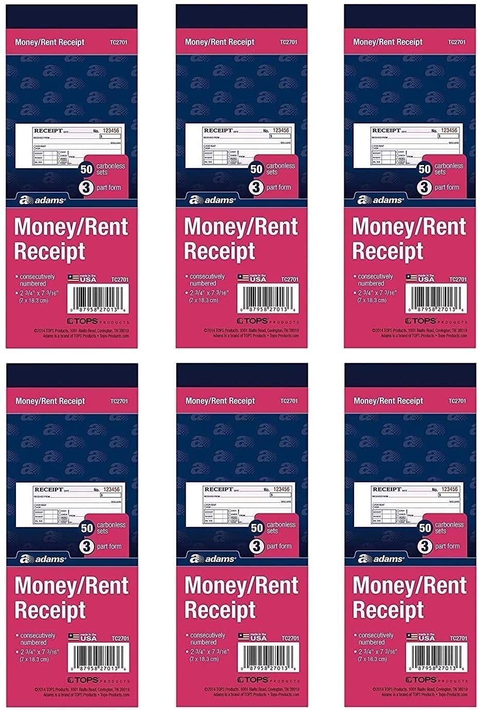 Adams Money/Rent Receipt Book, Carbonless, 3-Part, 2-3/4 x 7-3/16 Inches, 50…