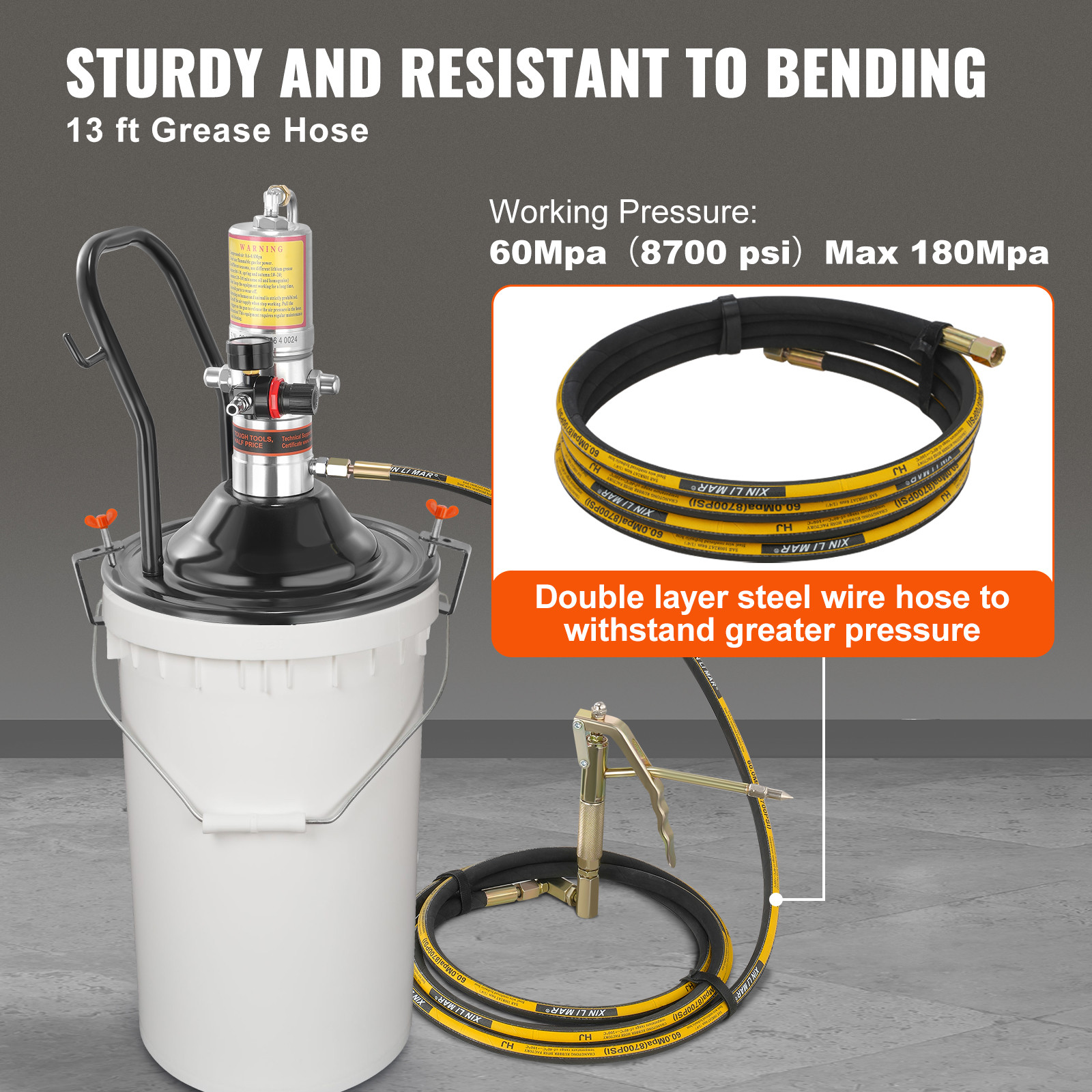 VEVOR Grease Pump Air Operated Grease Pump 0.6-0.8Mpa 13 ft Hose with Barrel Cap