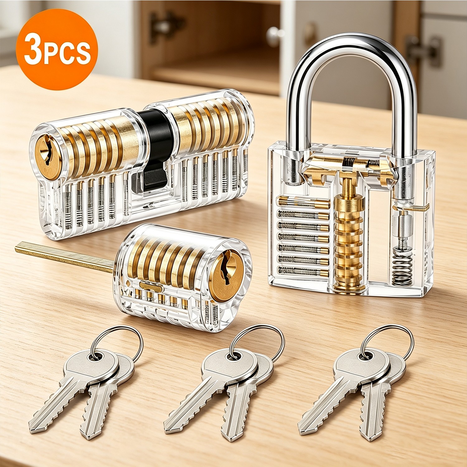 3PC Clear Acrylic Practice Lock Transparent Cutaway Pin Tumbler Training Set