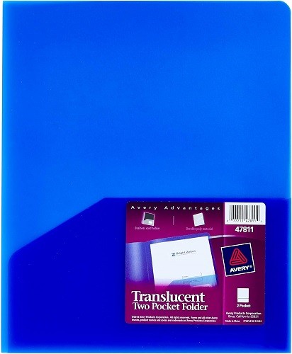 Translucent Two Pocket Folders Blue Polypropylene 8.5x11in 1 Cover/EA – 1EA