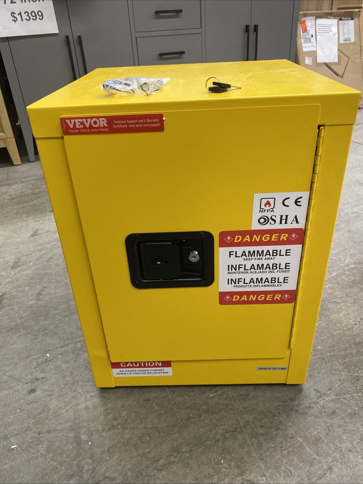 VEVOR 12-Gal Flammable Safety Cabinet SS-559 Yellow Fireproof Storage