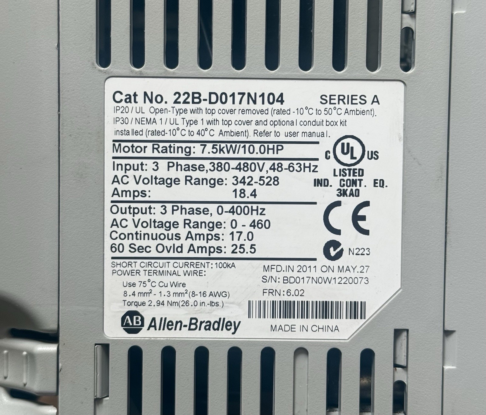 Allen-Bradley PowerFlex 40 AC Drive 22B-D017N104 10HP 3Ph New Open Box
