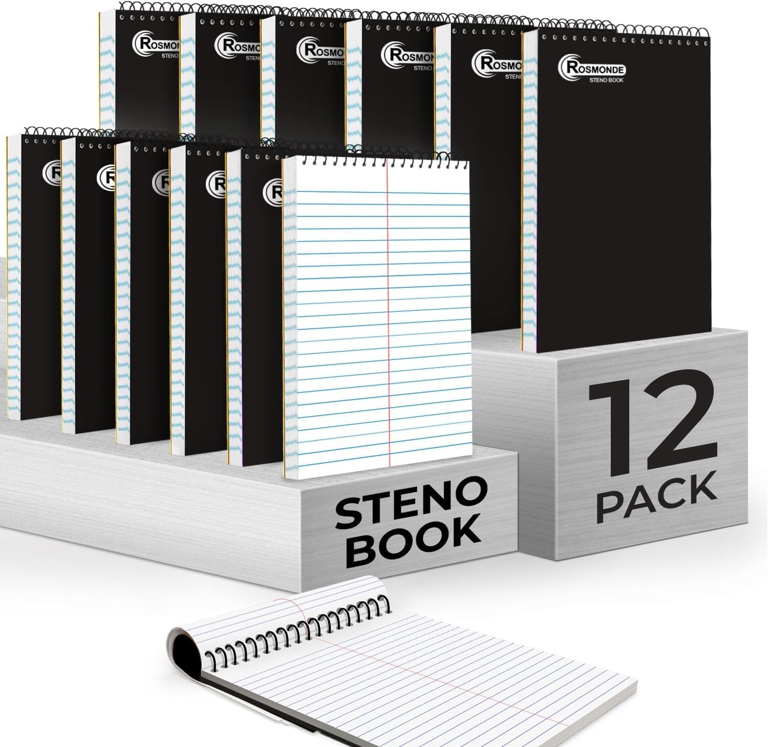 12 Pack Spiral Steno Pads, 6 X 9, Gregg Rule, Black Steno Pad, Long Lasting – 80