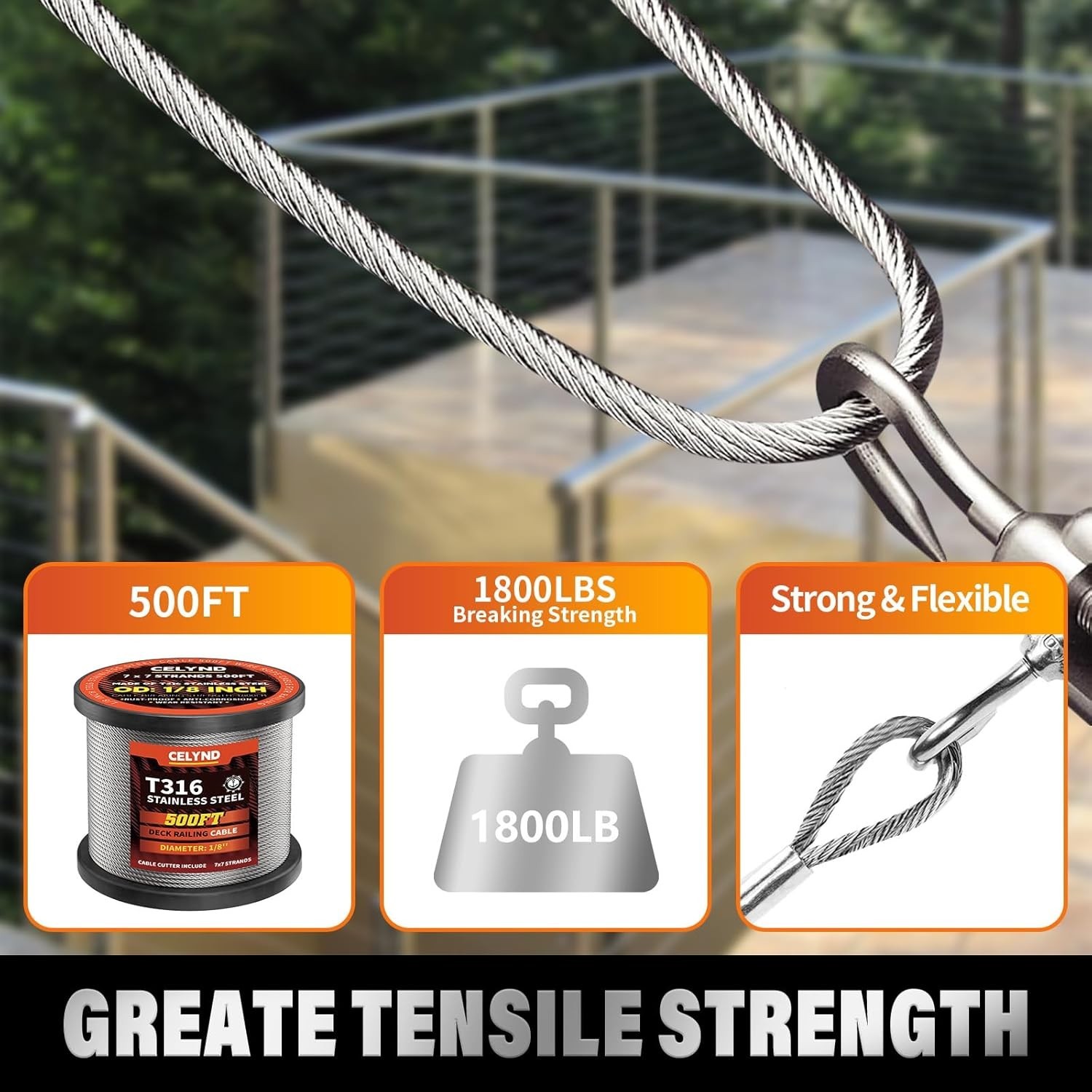 Stainless Steel Cable for Railing – 500FT 1/8″ T316 Wire Rope Cable for Deck …