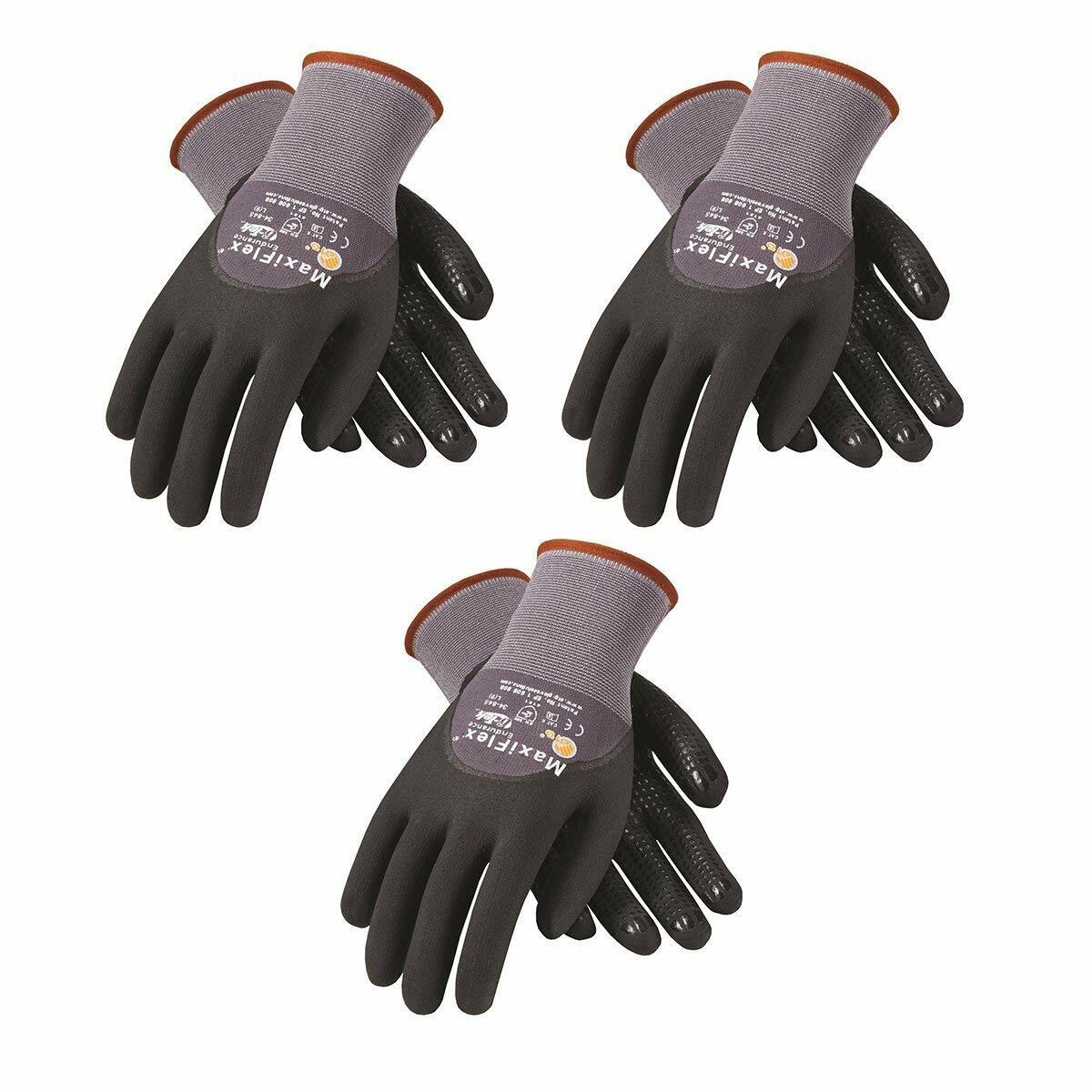 3- PIP 34-845 MaxiFlex Coated Dotted Palms Nitrile Grip PROTECTIVE WORK GLOVES