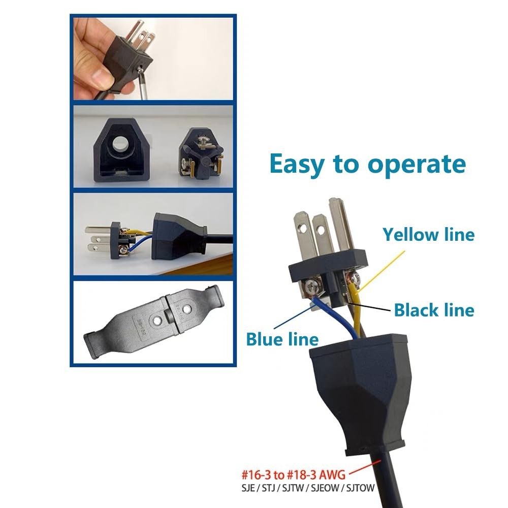 Extension Cord Ends 125V 15A 2Pole 3Wire Male Straight Blade Plug Replacement
