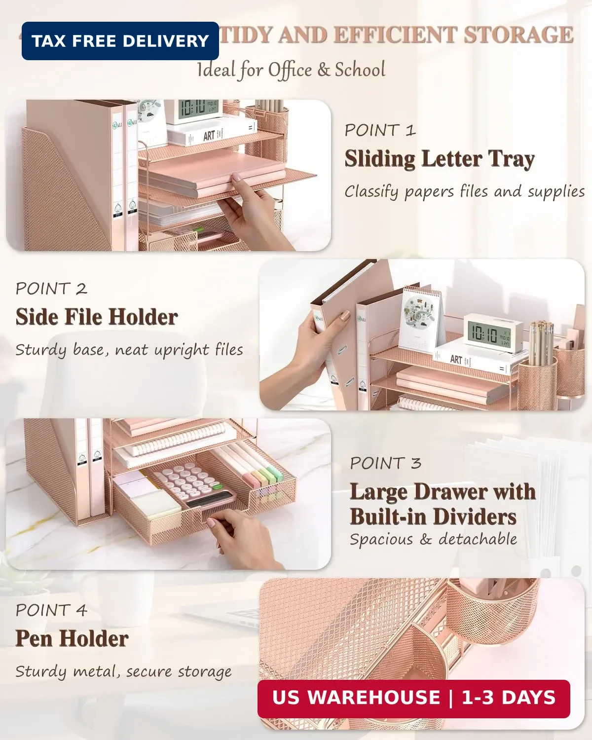 WALI Desk File Organizer, 4 Tier Desktop Paper Letter Tray Organizer with Drawer