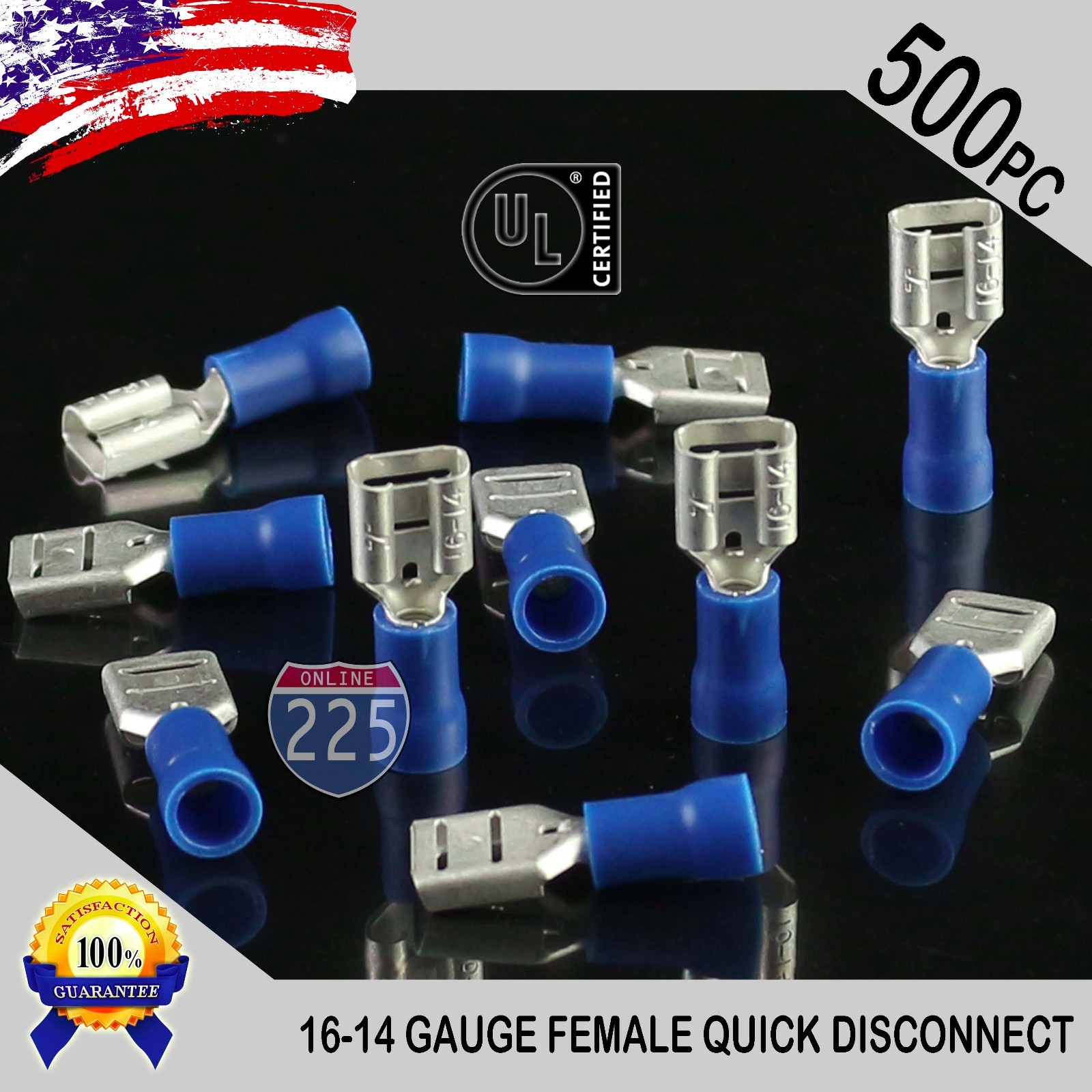 500 Pack 16-14 Gauge Female Quick Disconnect Blue Vinyl Crimp Terminals .250″ US