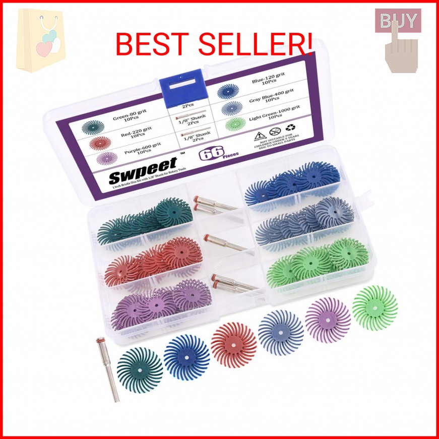 Swpeet 66Pcs 1 Inch 6 Mixed Grit 80/120/220/400/600/1000 Radial Bristle Disc Abr