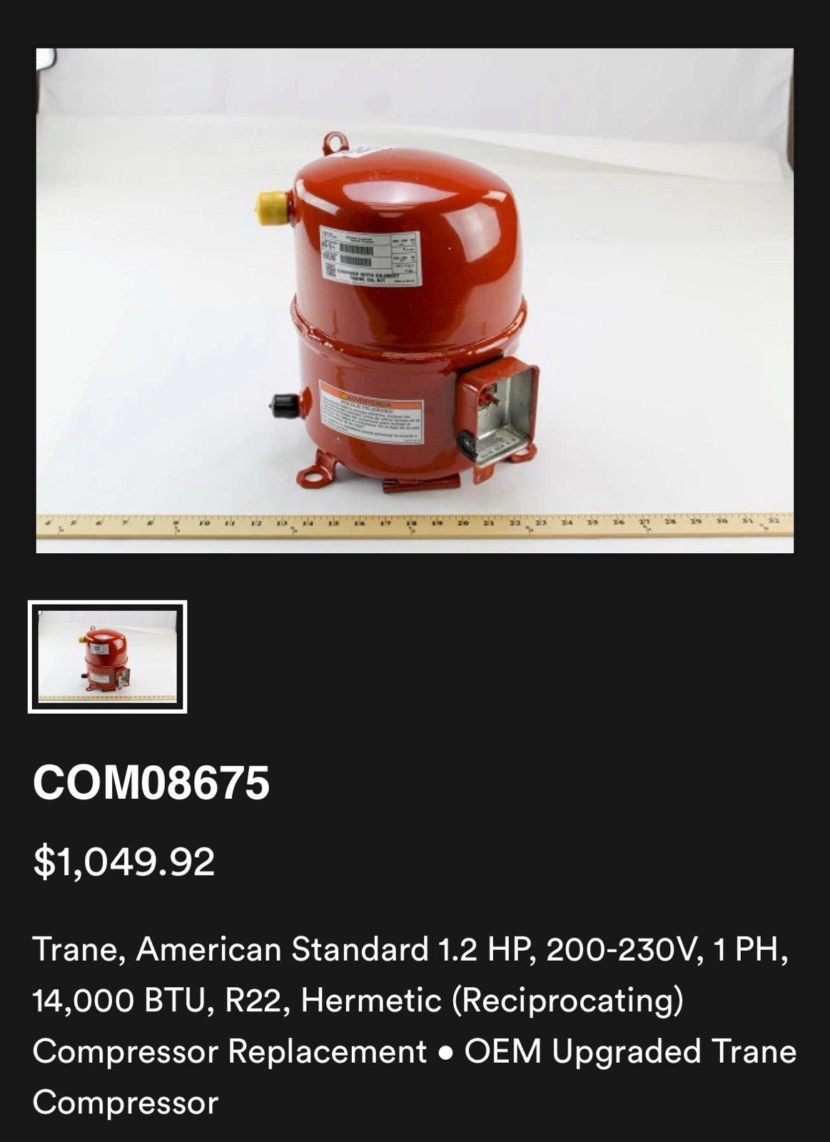 Trane, American Standard 1.2 HP, 200-230V, 1 PH, 14,000 BTU, Hermet Compressor