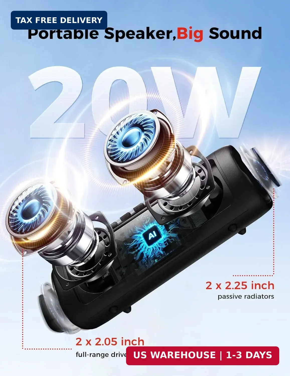 Bluetooth Speaker, 20W HD Sound, Portable Wireless, IPX5 Waterproof, Up to 24H P