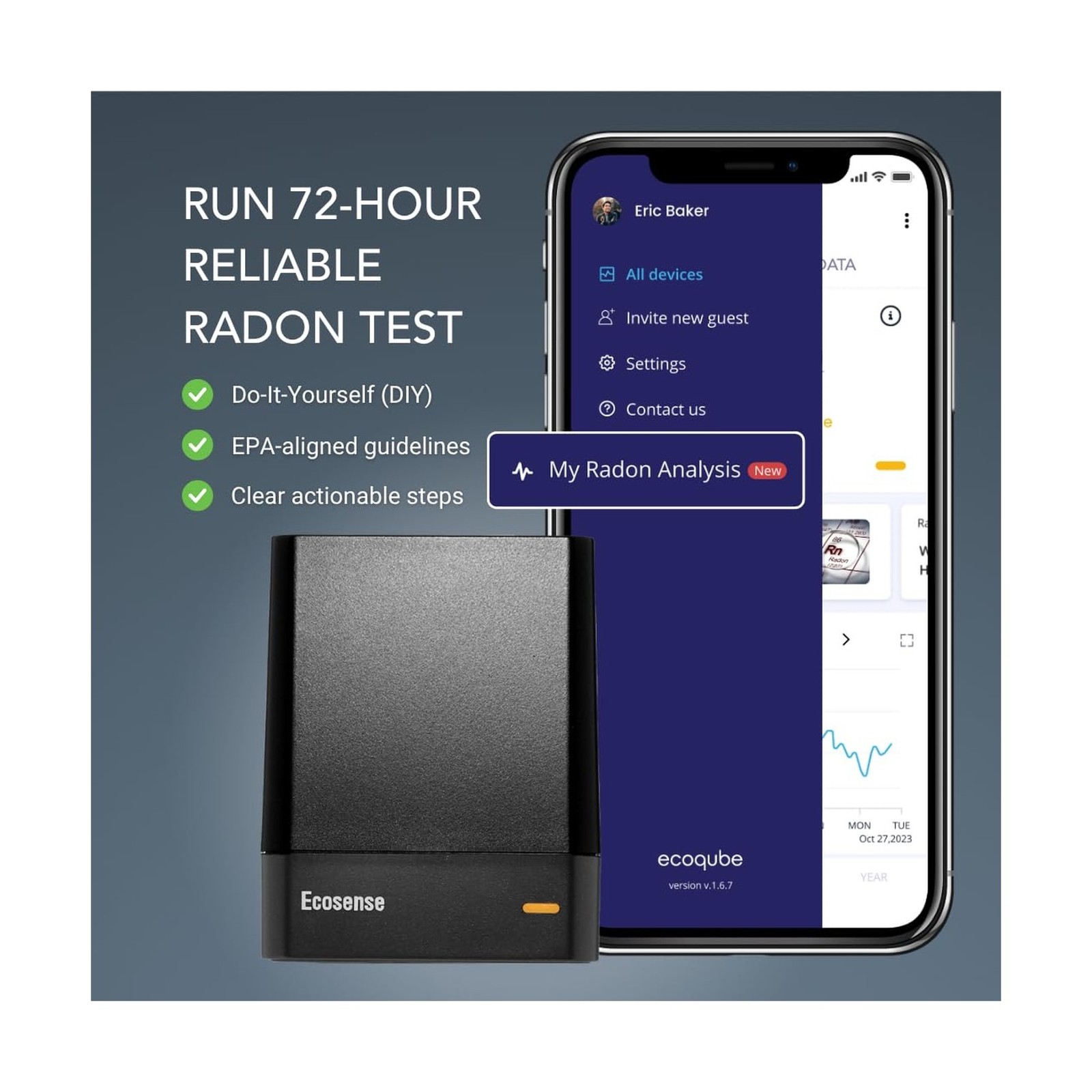 Ecosense EQ100 EcoQube, Digital Radon Detector, Fast Capture of Fluctuating L…