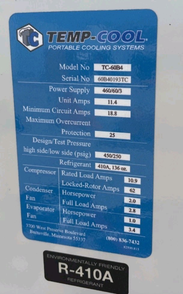 Temp-Cool TC-60B4 Portable Air Conditioner Spot Cooler 75,900 BTU 460V 3-Phase