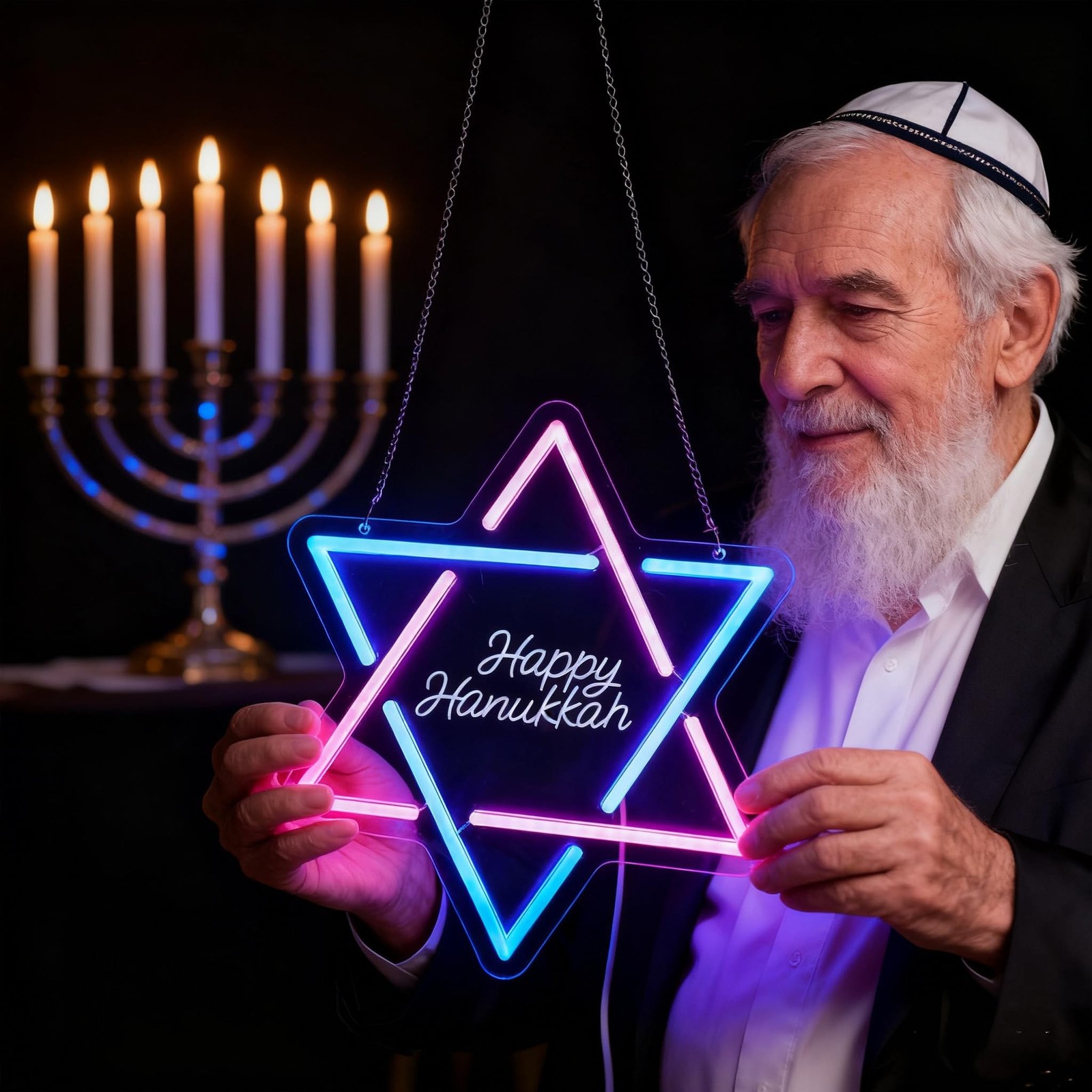 Hanukkah Neon Sign, | David Star Pink Blue Gradient LED Light with ‘Happy Han…