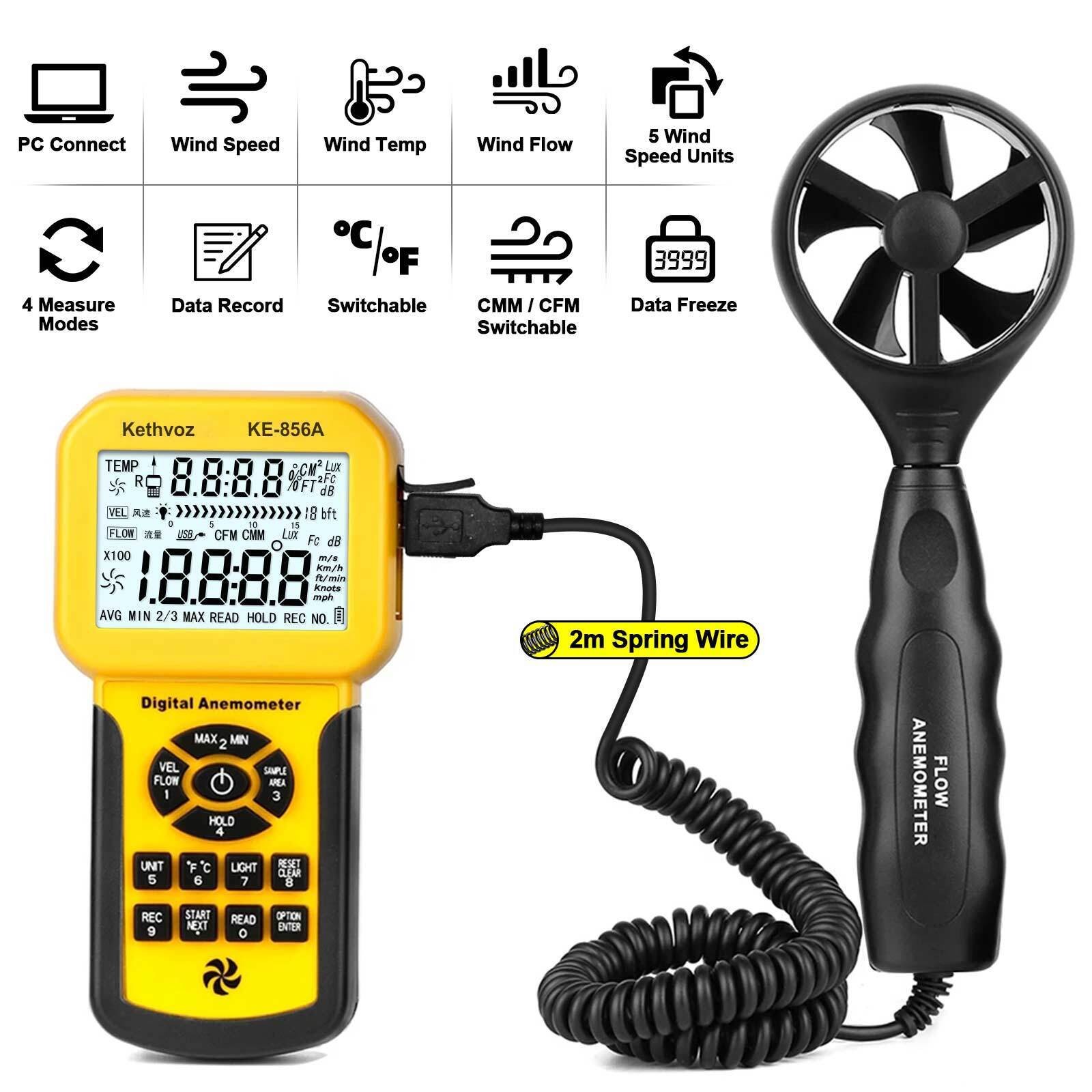 Handheld Anemometer 45m/s 5-Unit 600Groups USB Data Log Backlit Max/Min/Avg Auto