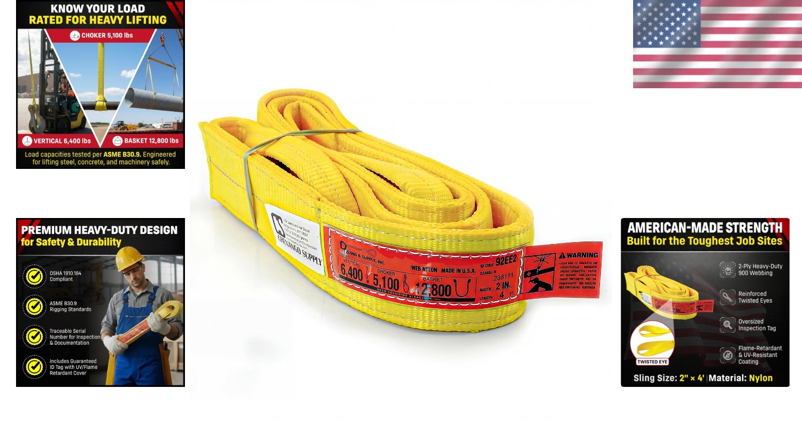 Heavy Duty 2in x 4ft Nylon Lifting Sling with 12,800 lbs Capacity, Made in USA