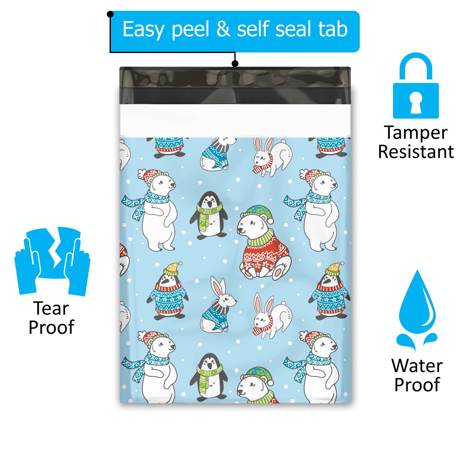 10×13 (100) Winter Animals Poly Mailers Christmas Designer Self Sealing Water…