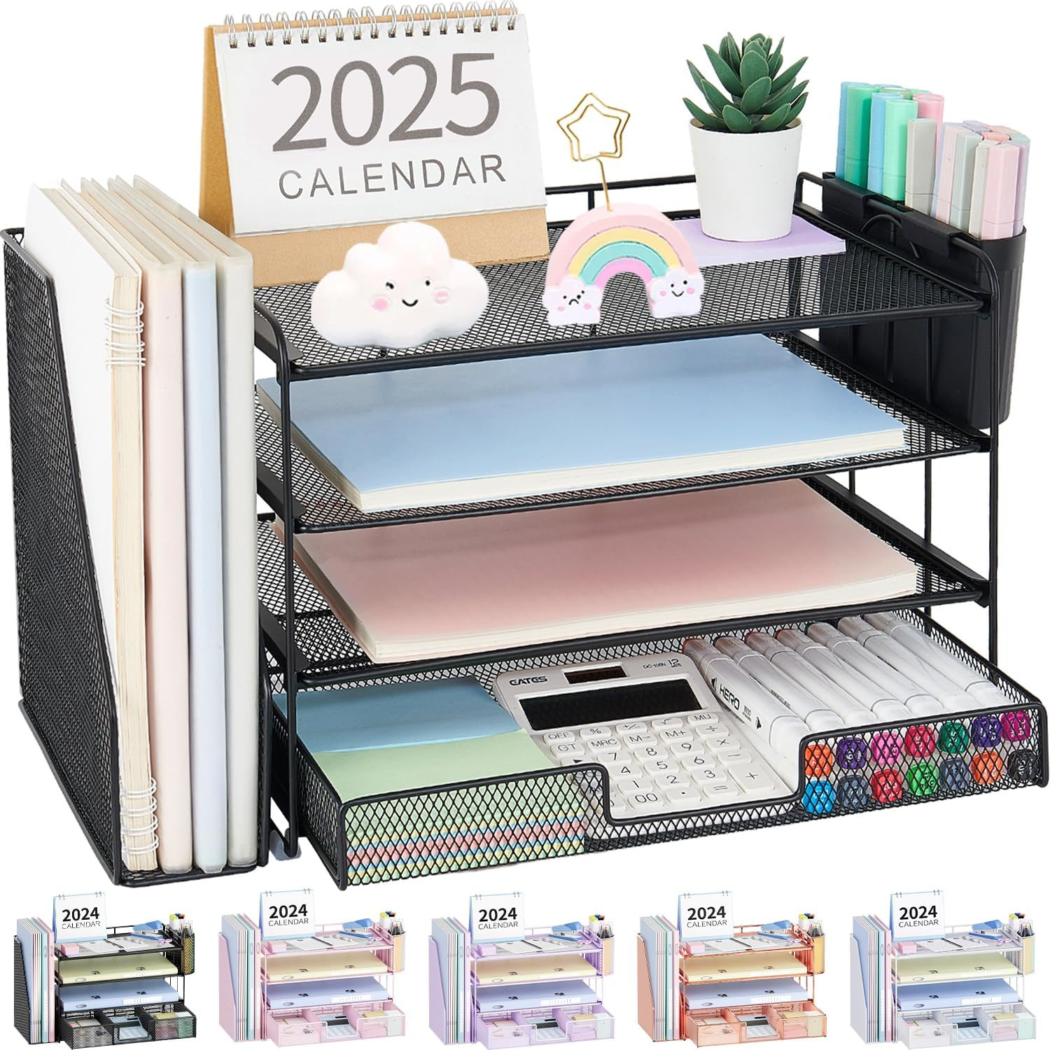 Desk Organizer, 4-Tier Desktop File Organizer with Drawer and Pen Holders, Offic