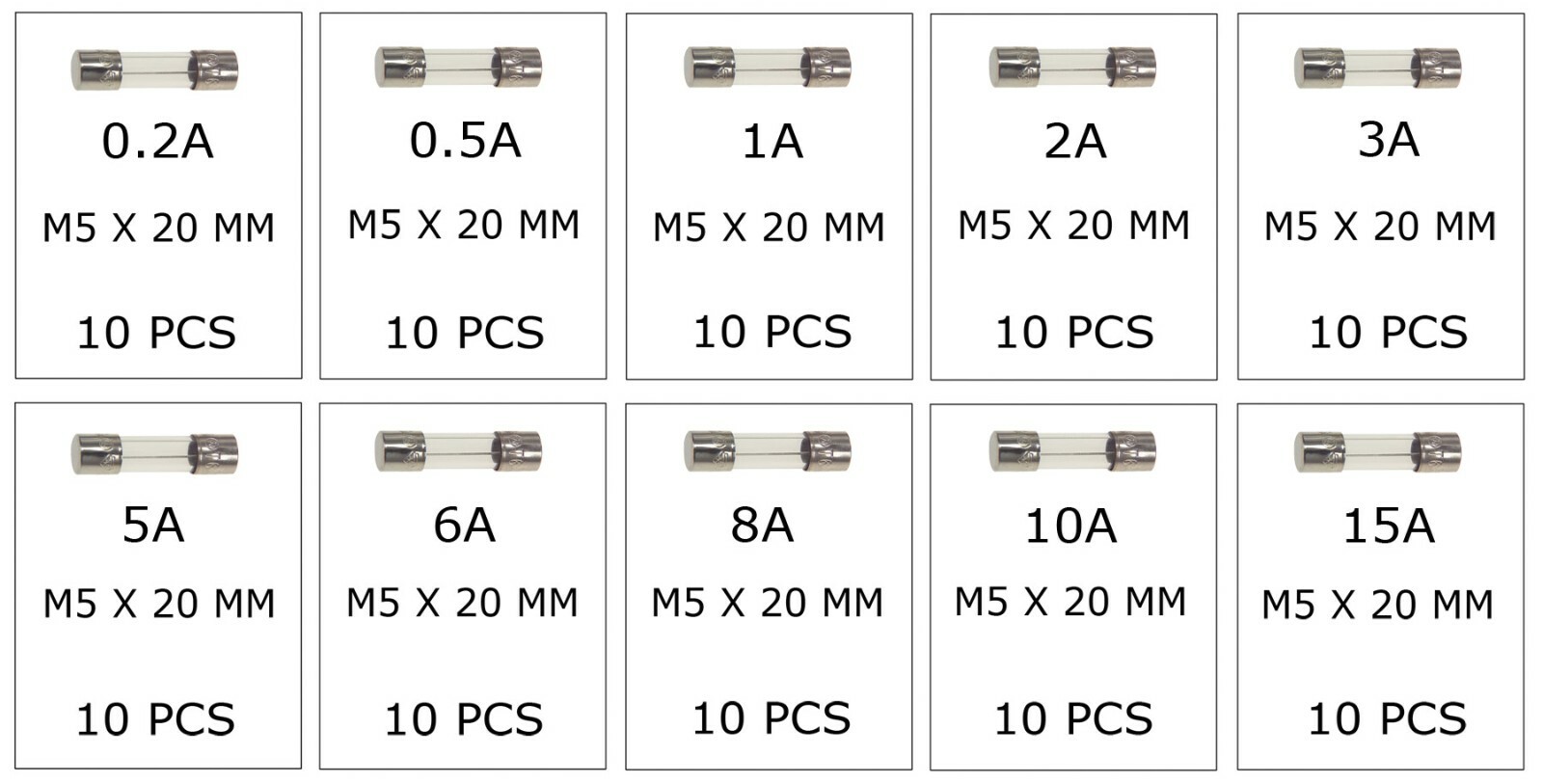 100Pcs 5x20mm Quick Blow Glass Tube Fuse Assorted Kits Fast Action Glass Fuses