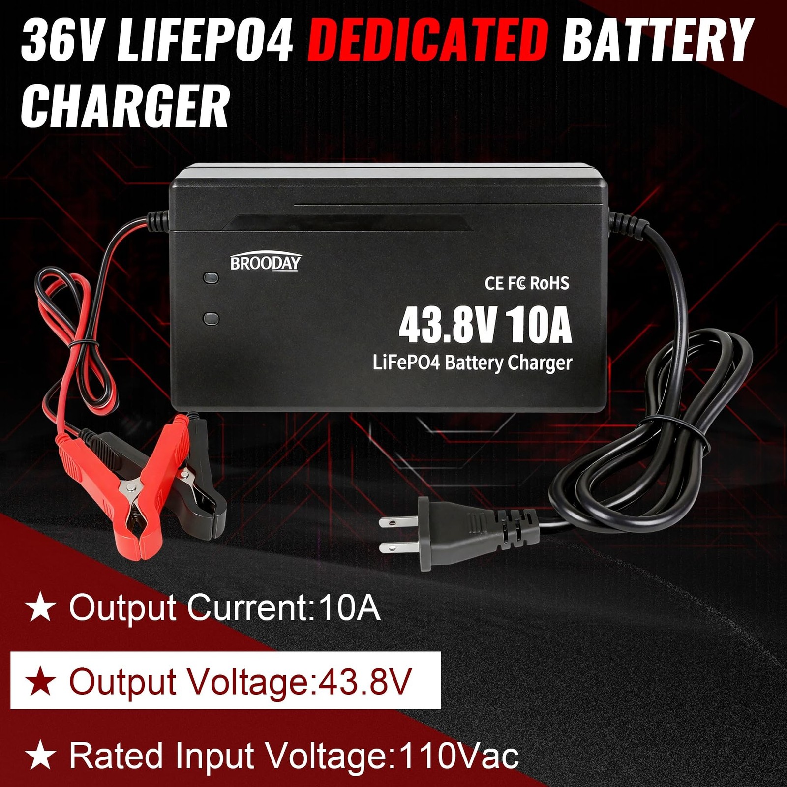 36V 10A LiFePO4 Battery Charger, 43.8V Lithium Battery Charger, Fast Charging…