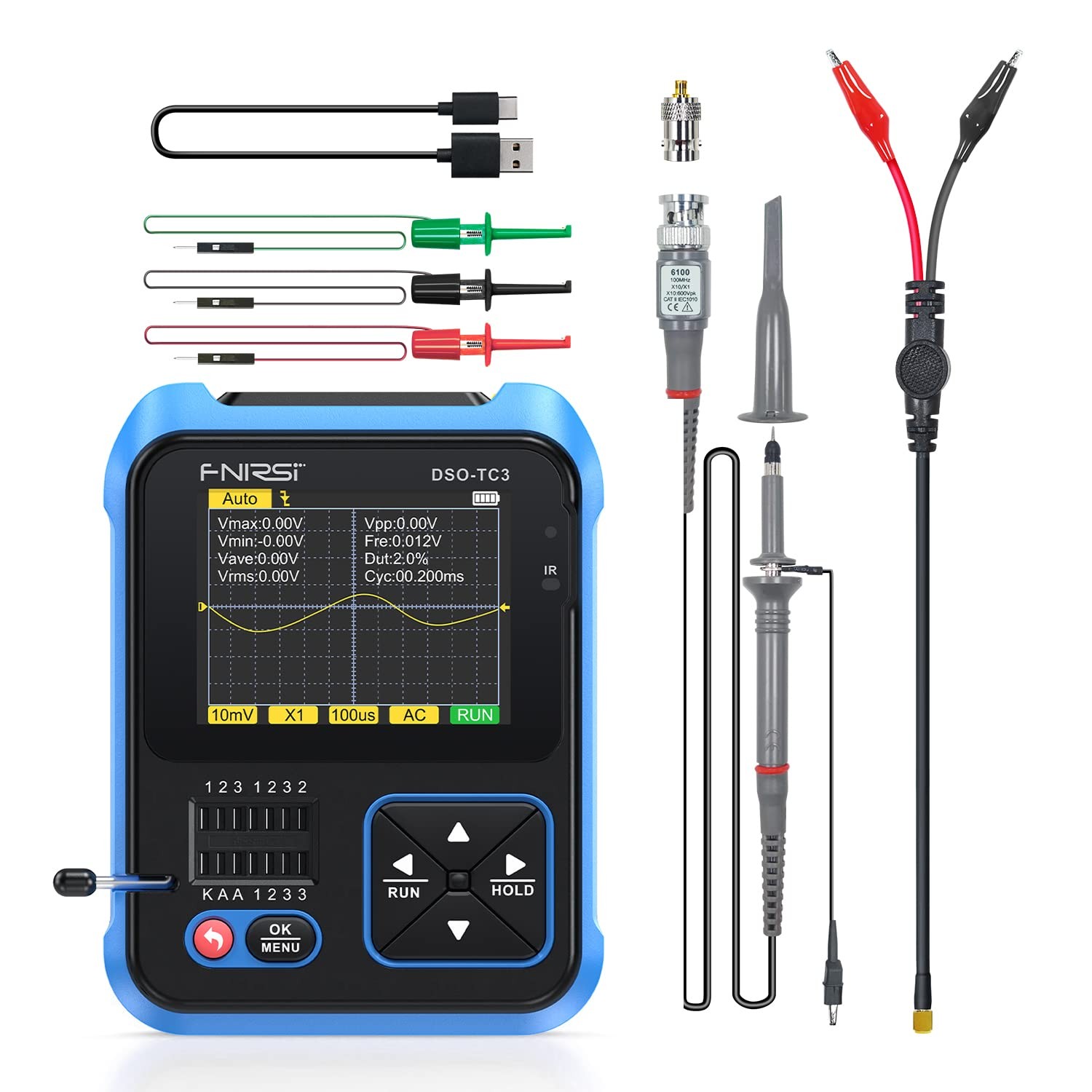 Osciloscopio 3en1 500KHz 10MS/s Generador Señal DDS Tester Transistor Portatil