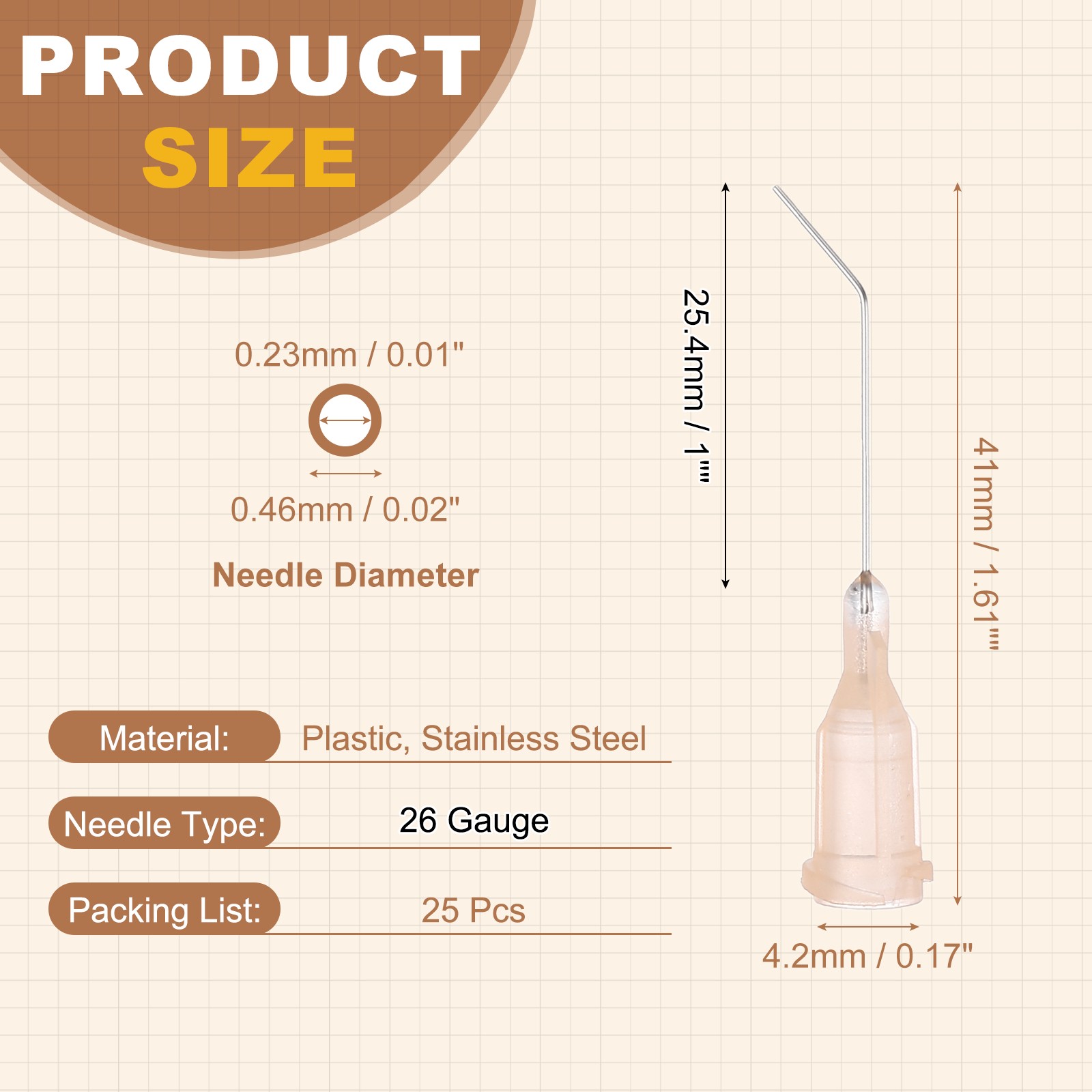 25Pcs 1Inch 26Ga 45° Angled Dispensing Needles, Light Brown