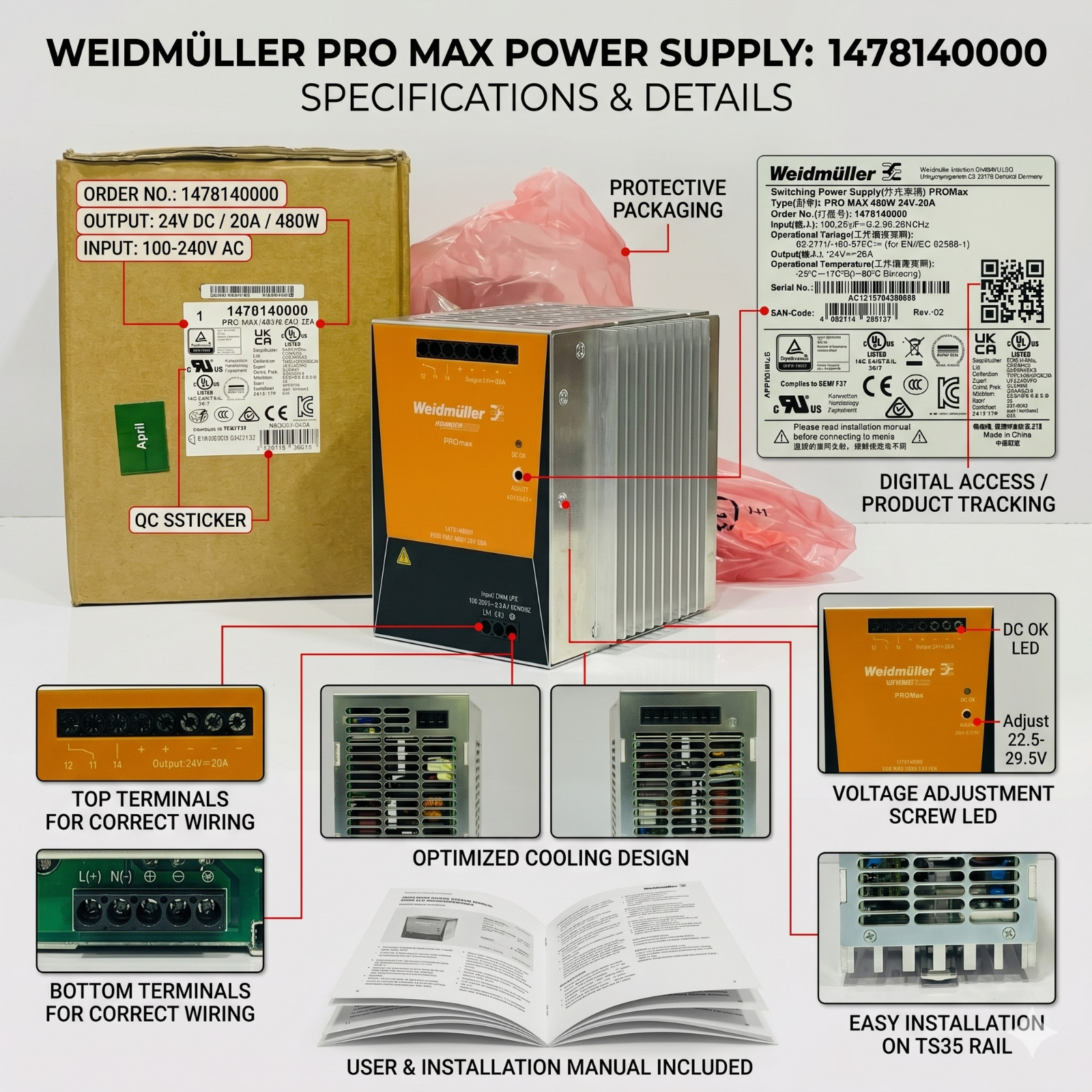 WEIDMULLER 1478140000 PRO MAX 480W 24V 20A SWITCHING POWER SUPPLY DIN RAIL