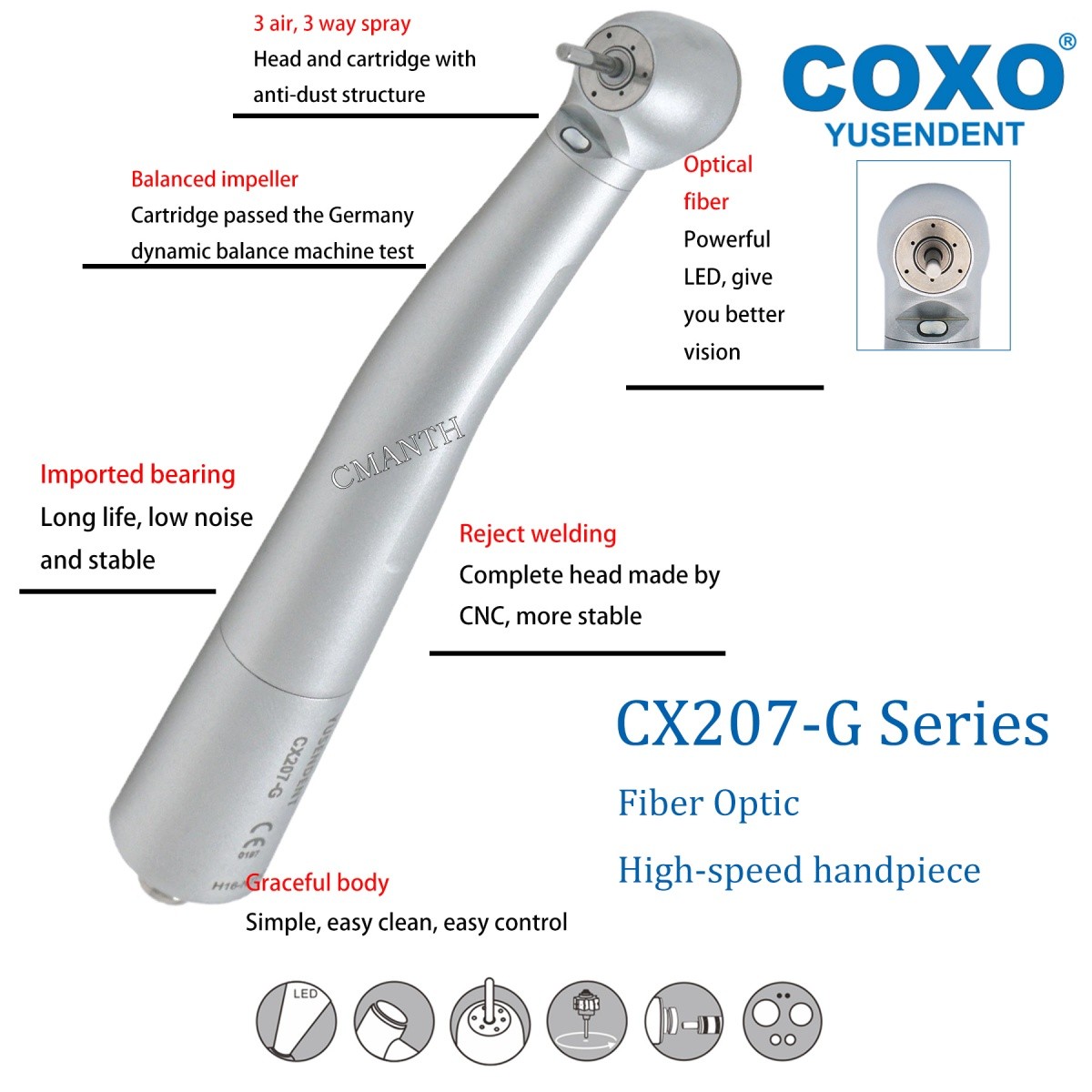 COXO CX207-G Dental Turbine Fiber Optic High Speed Handpiece LED Coupler 6 Hole