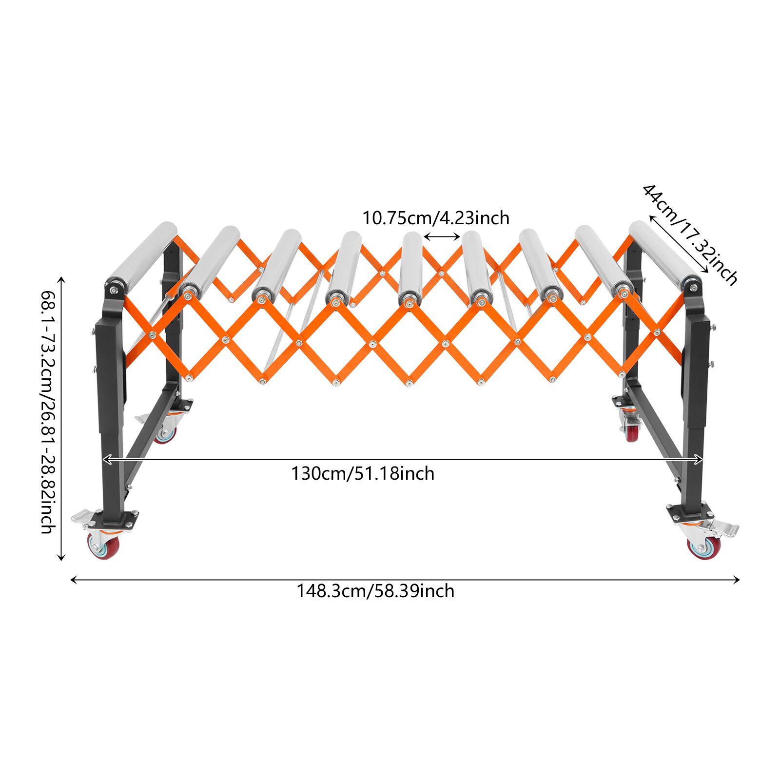 51*23*29in Silver/Black/Orange Iron&Stainless Steel Adjustable Roller Conveyor