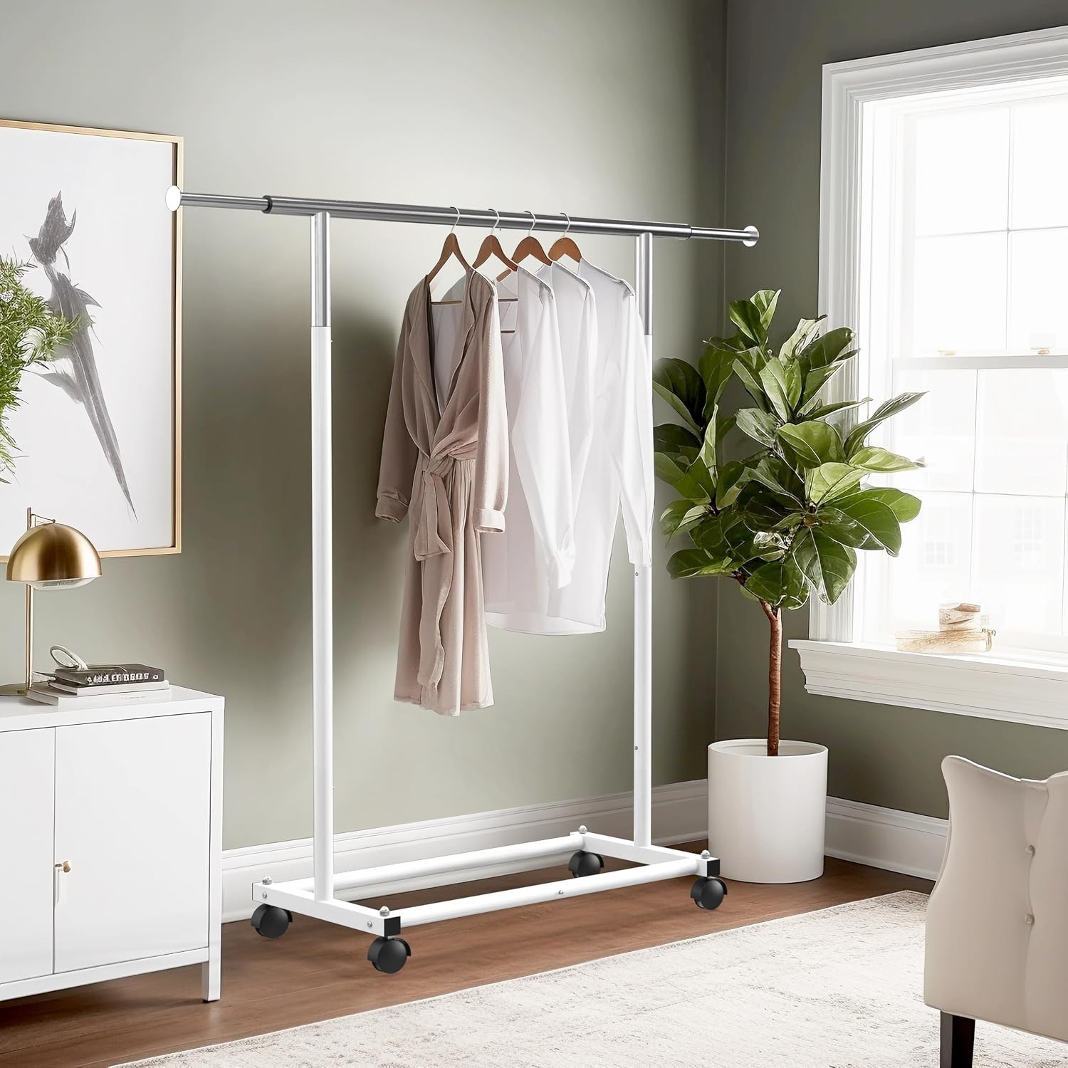 Extendable Clothing Rack with Rolling Wheels, Adjustable Width 30 to 47 Inches
