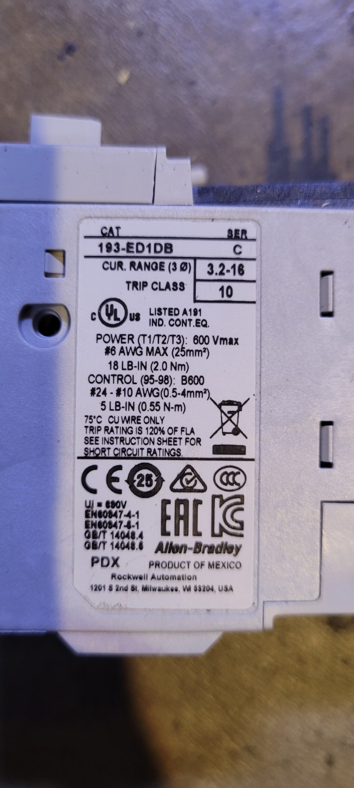 New Allen-Bradley 193-ED1DB Ser C 3.2-16A Overload Relay