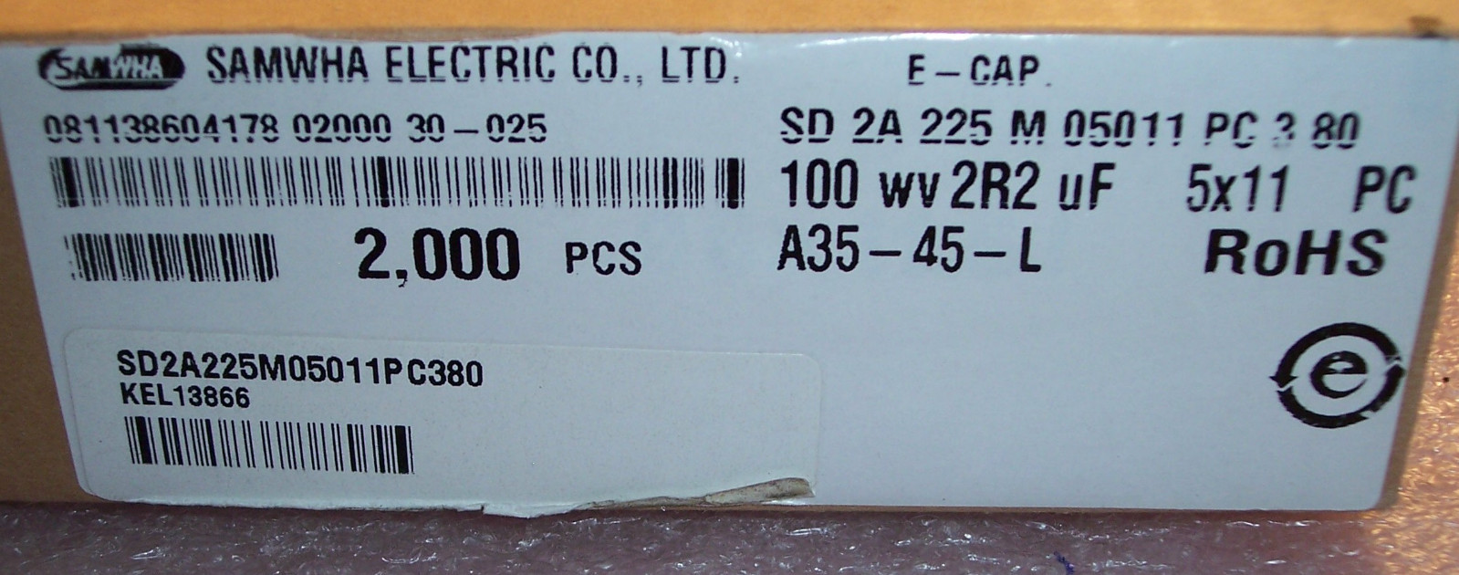 QTY (100) 2.2uf 100V 85′ RADIAL ELECTROLYTIC CAPACITORS SD2A225M05011PC SAMWHA