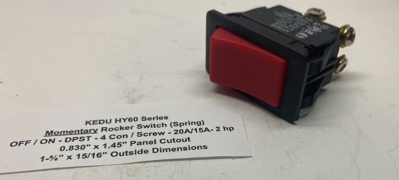 OFF/ON DPST Momentary Rocker Switch 20A 2hp 4 Screw Connect (0.830″ x 1.45″)