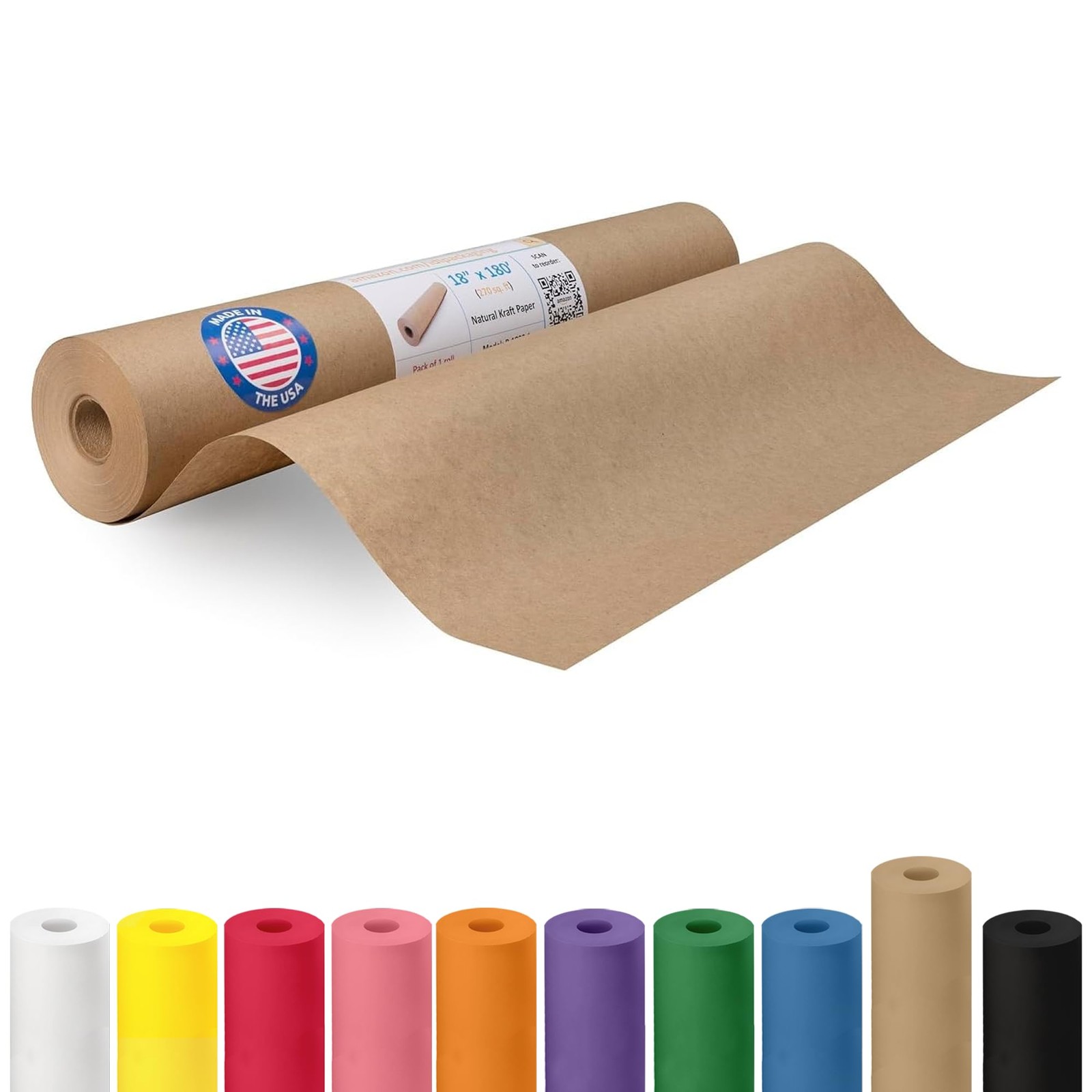 Brown Kraft Paper Roll 18″ x 2160″ (180 feet) – USA-Made Brown Wrapping Paper…