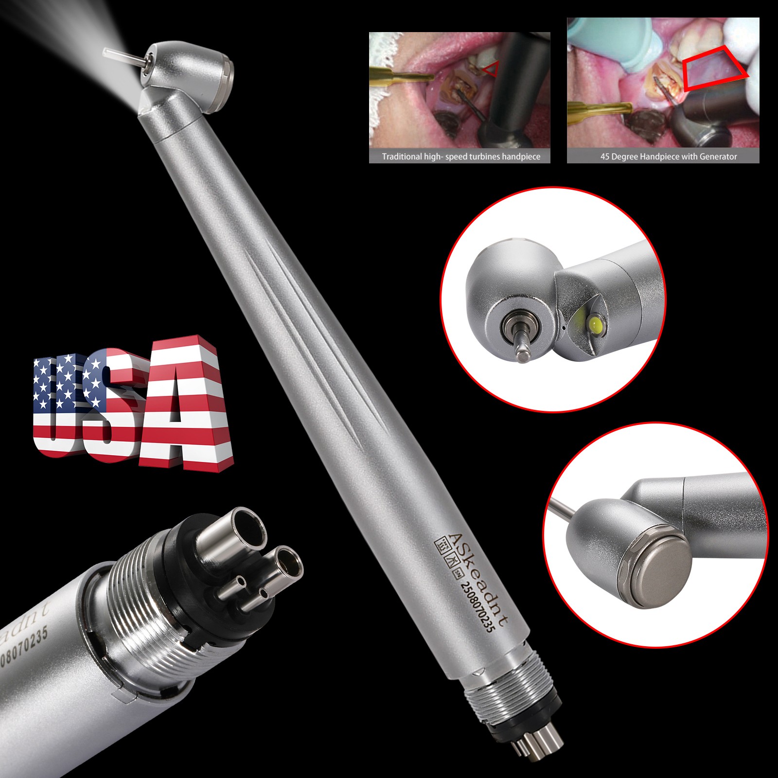 Dental 45 Degree 45° Angle LED E-generator High Speed Handpiece 4 holes ASkeadnt