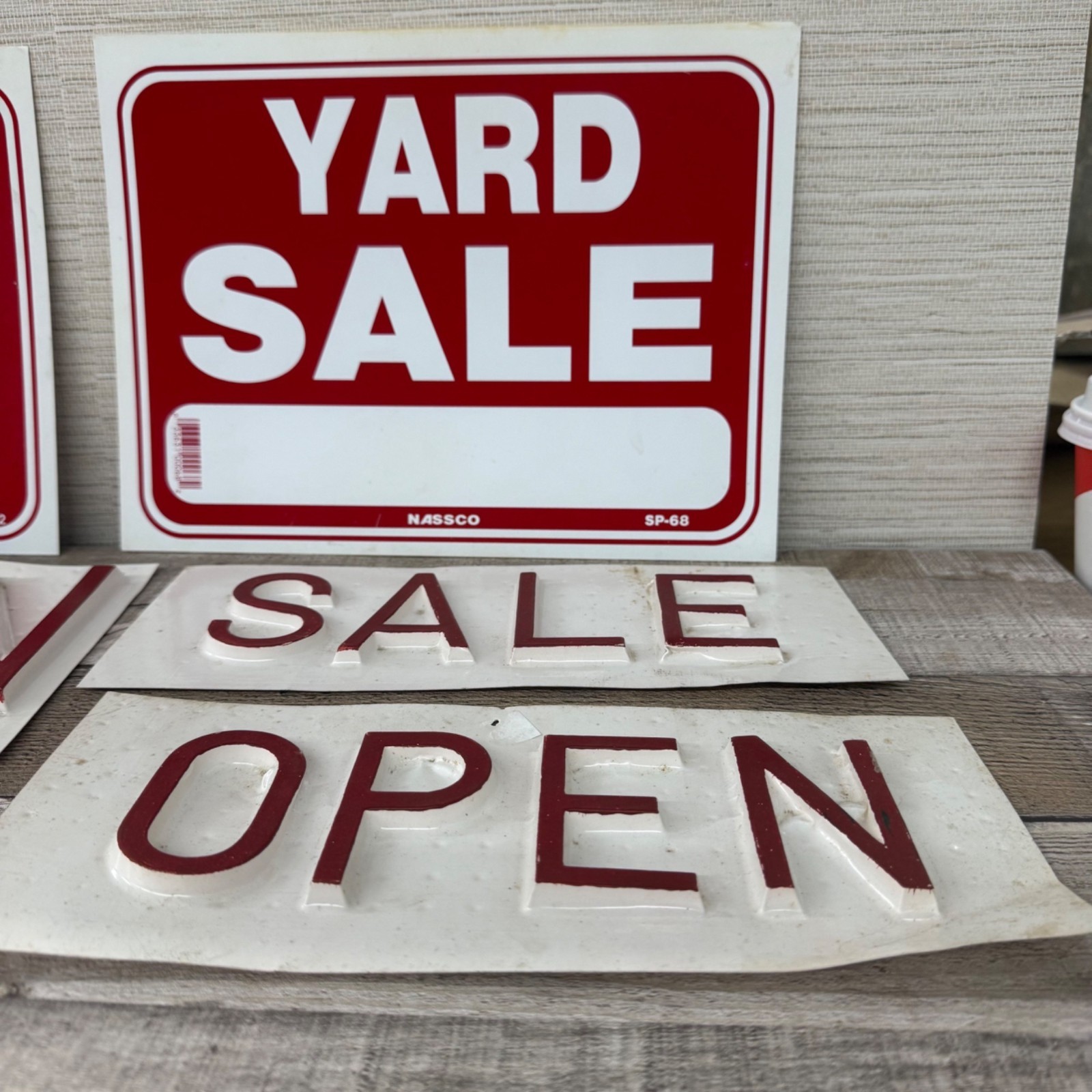 Vintage Red & White Plastic Sign Lots – Exit Yard Sale Open Wild Rice Buyer Door