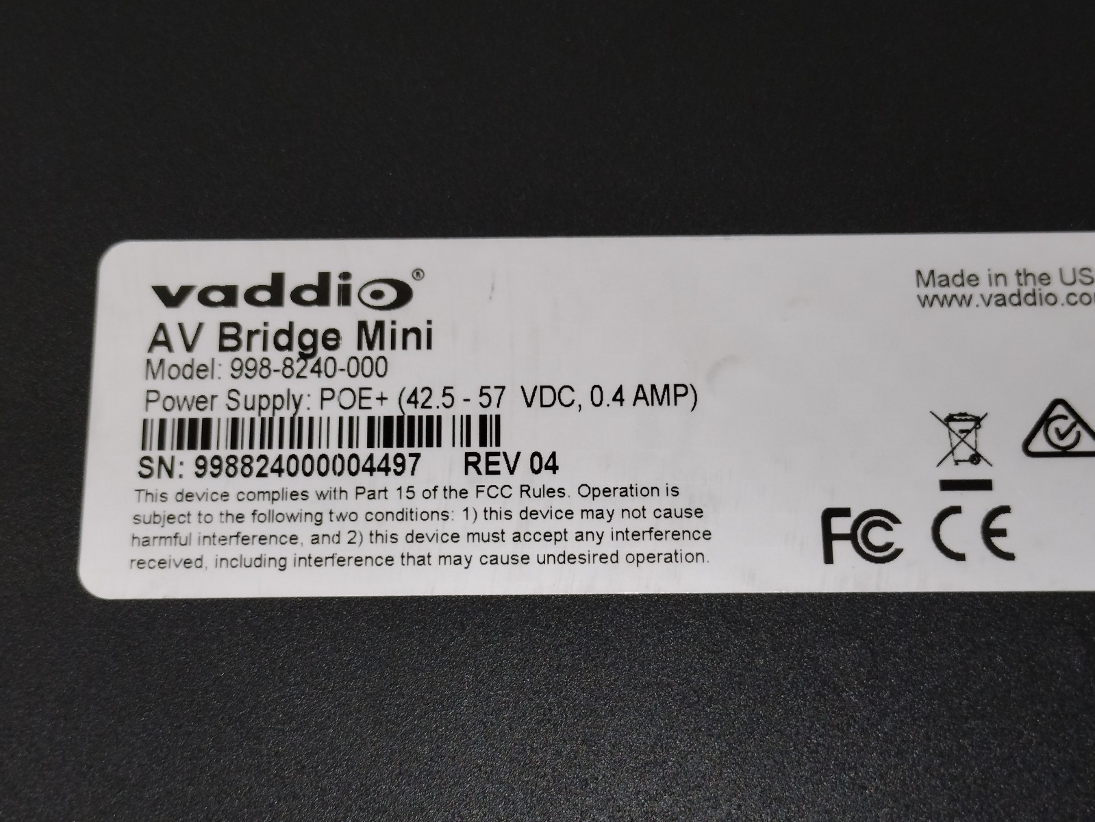 Vaddio AV Bridge Mini HD Audio/Video Encoder 998-8240-000