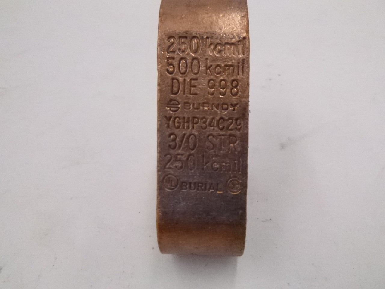 Burndy 250kcmil 3/0 Stranded Die 998 Copper Compression Ground Tap Connector