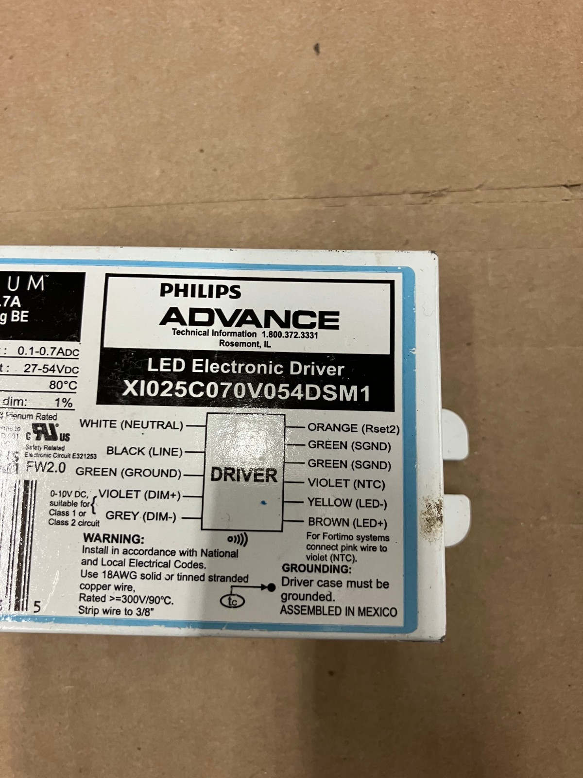 ADVANCE XI025C070V054DSM1 XITANIUM 0-10V DIMMABLE LED DRIVER, 27-54VDC, 25W, 120