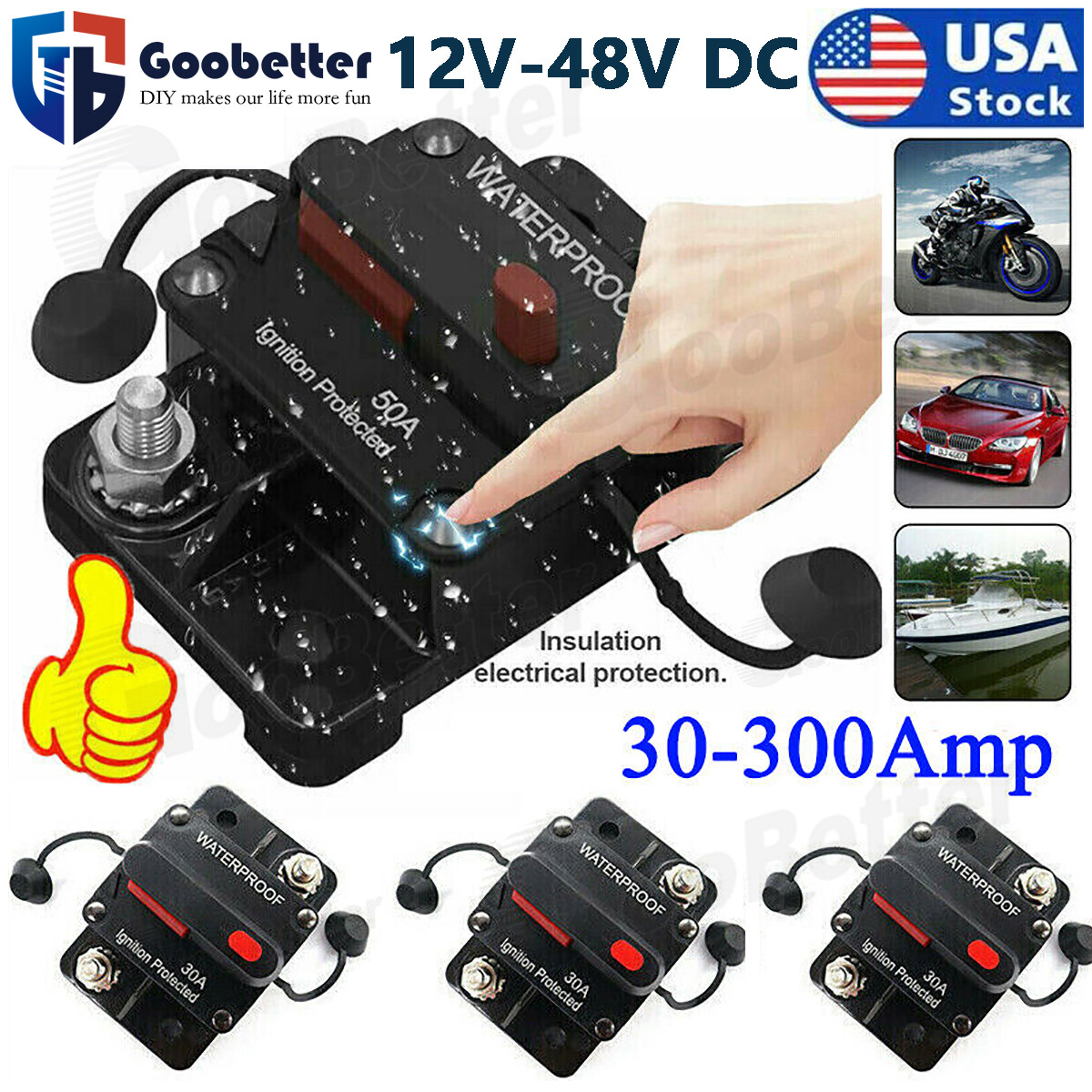 30-300 AMP Waterproof Car Circuit Breaker Fuse Reset Auto Boat Solar 12V-48V DC