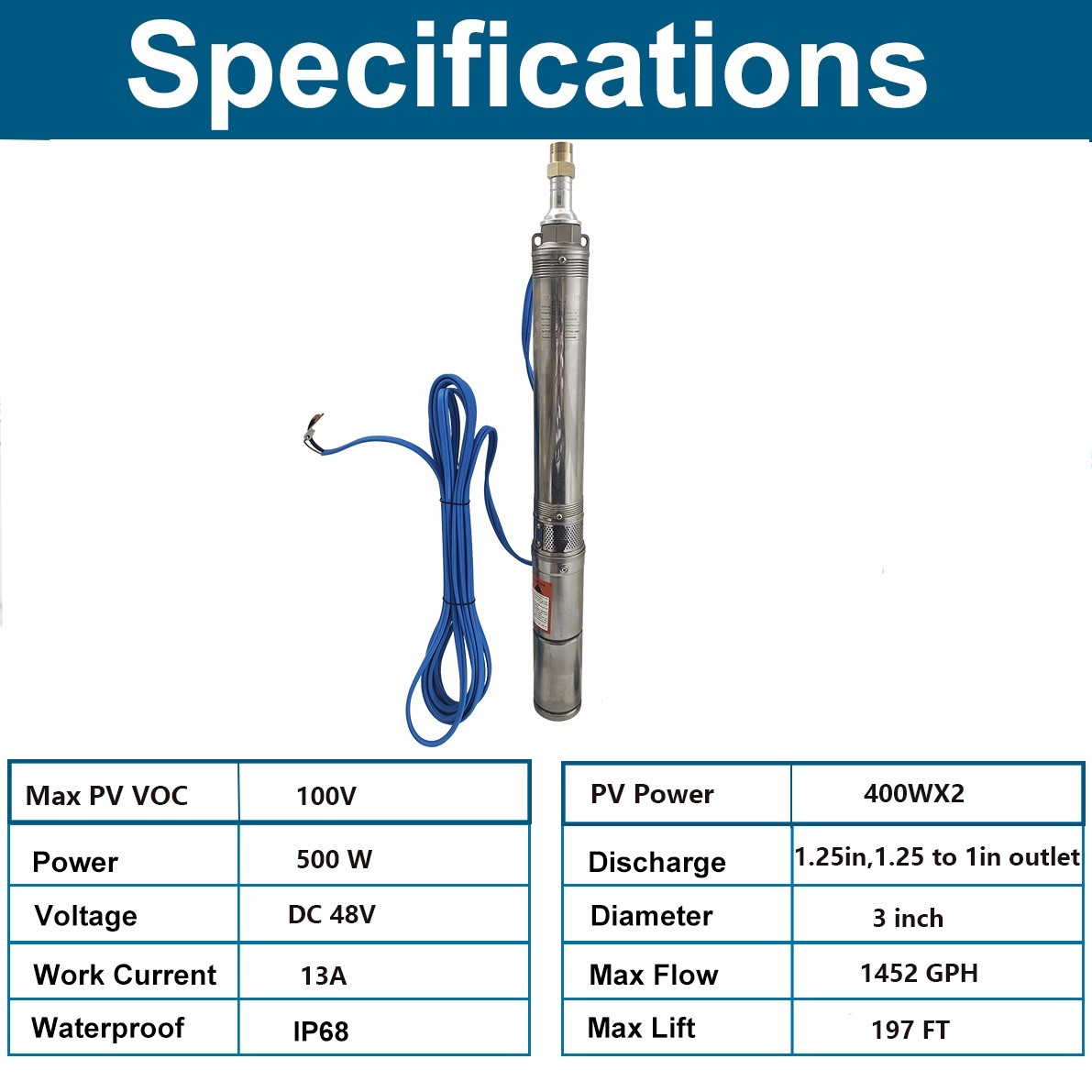 1HP Deep Well Submersible Pump, 4″ , 207 ft Max long life 220V 33GPM Sub 60Hz