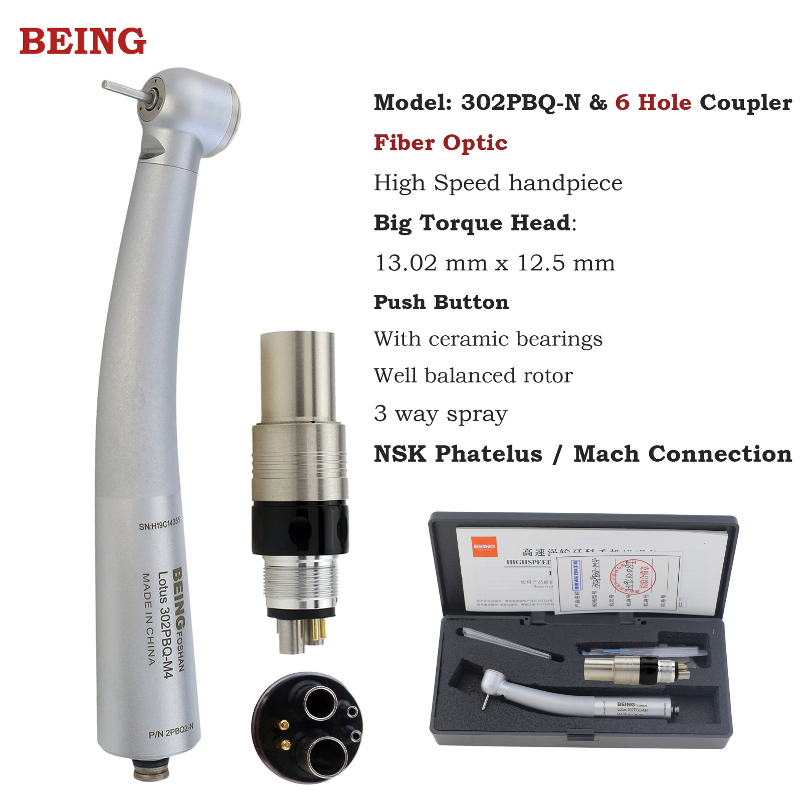 BEING Dental High Speed Handpiece Fiber Optic Turbine LED Coupler fit NSK