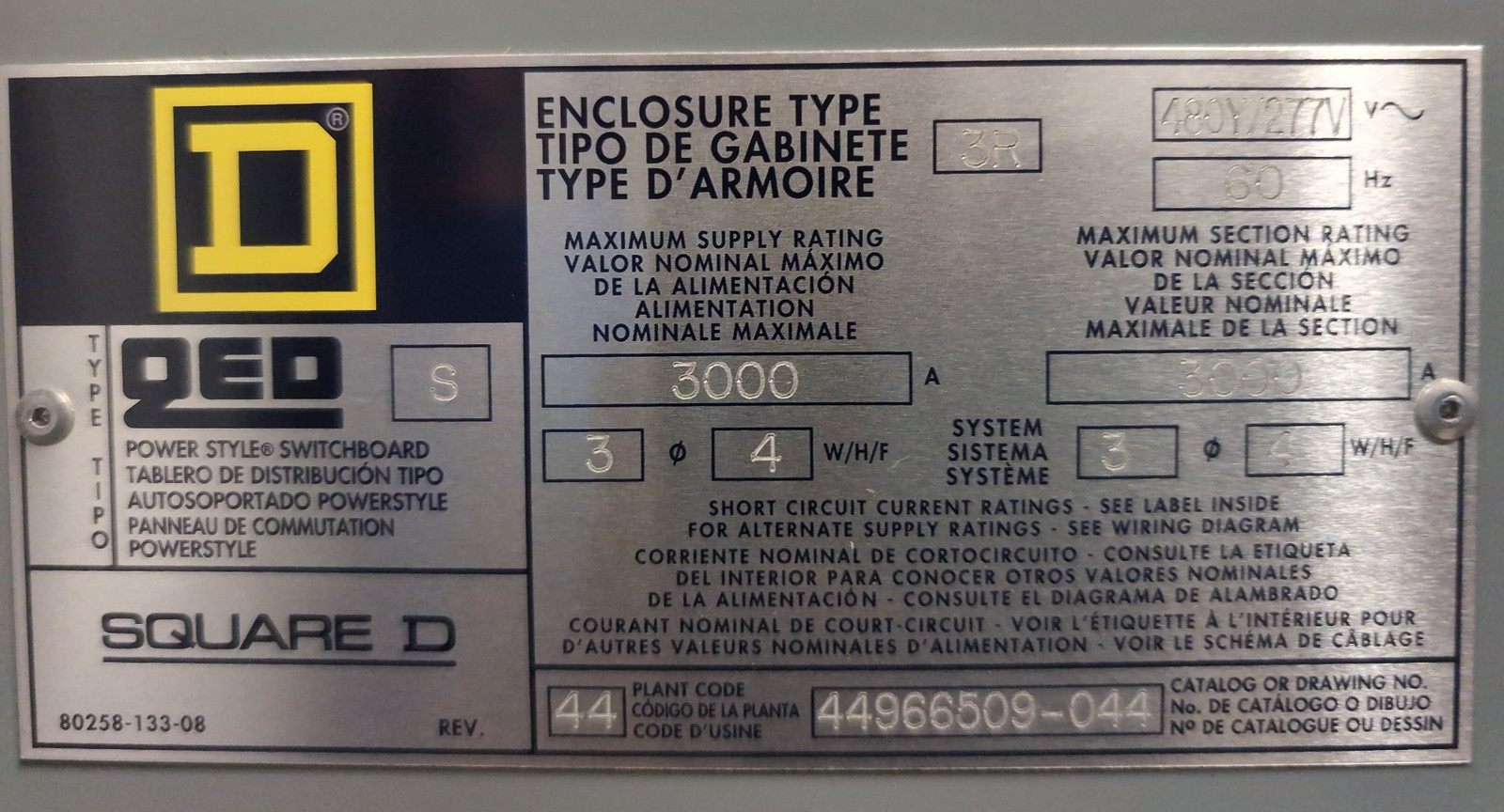 Square D 44966509-044 Switchboard 3000A 480/277V 3PH 4W NEMA 3R NEW