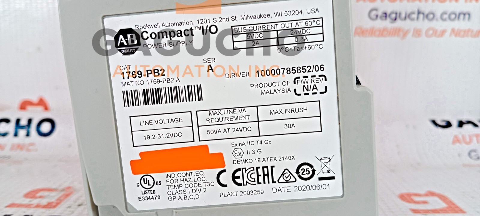 Allen Bradley 1769-PB2 /A CompactLogix Power Supply 24V Input 2A@5VDC 0.8A@24VDC