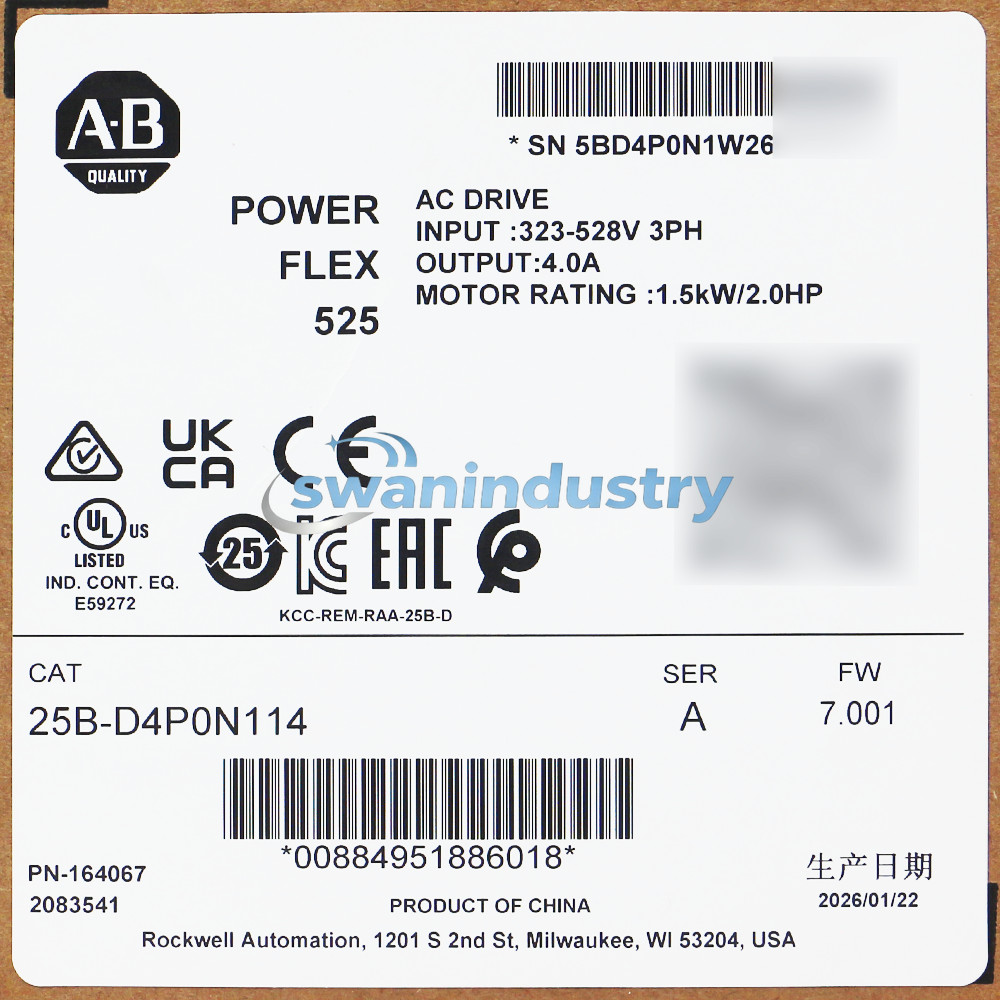 New Allen Bradley 25B-D4P0N114 PowerFlex 525 1.5kW (2Hp) AC Drive