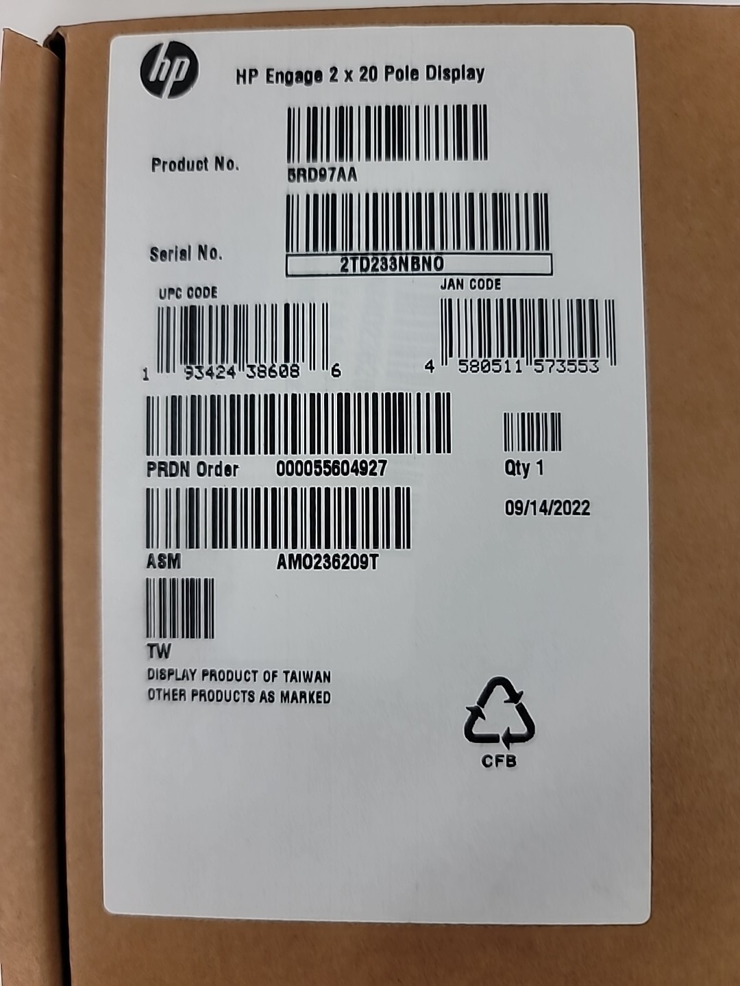 HP 5RD97AA Engage Customer Pole Display 2×20 Digits USB Black L50612-003 QTY QTY